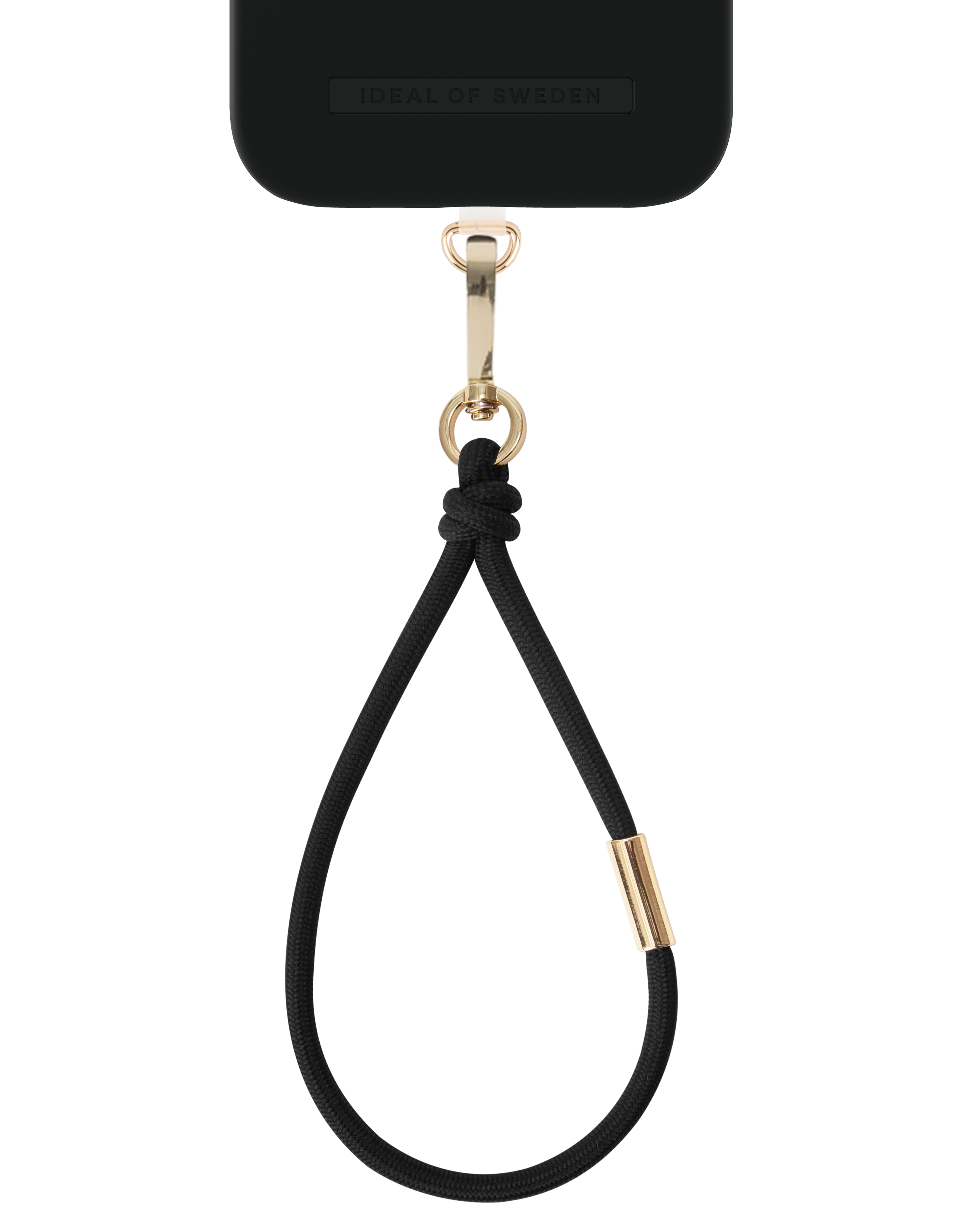 Schwarze Handyhülle mit schwarzem Band und goldenen Akzenten. Auf der Hülle steht IDEAL OF SWEDEN. Der Hintergrund ist schwarz.