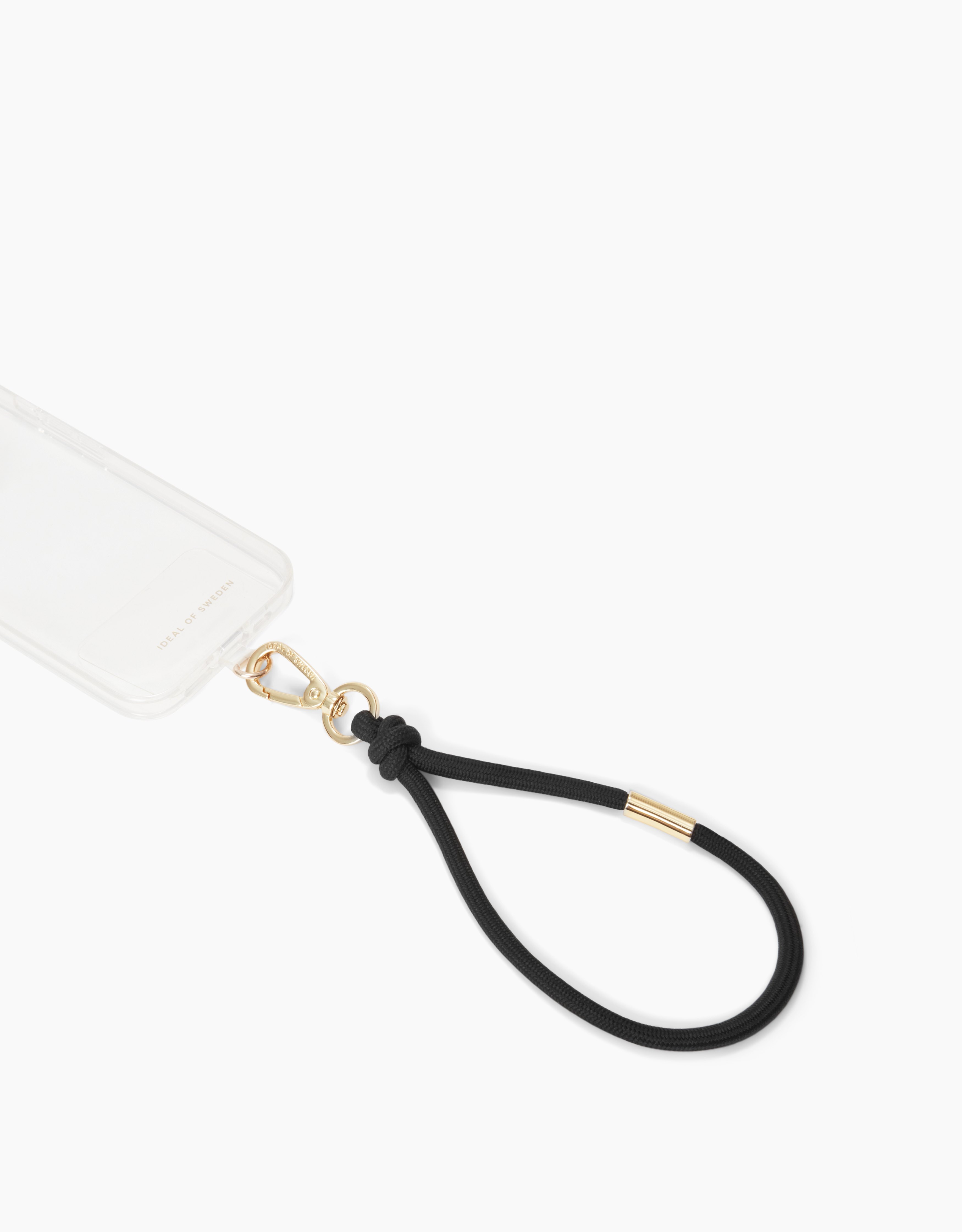 Transparente Handyhülle mit schwarzem Schlüsselband. Das Schlüsselband hat einen goldenen Verschluss.