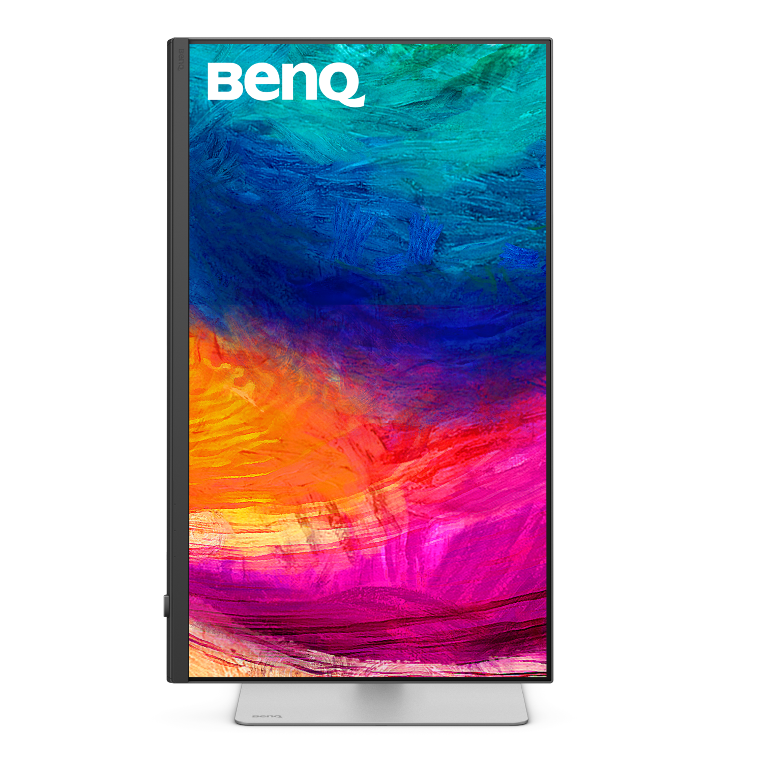A BenQ monitor displays a colorful abstract artwork. The monitor has a silver stand and black frame, set against a black background.