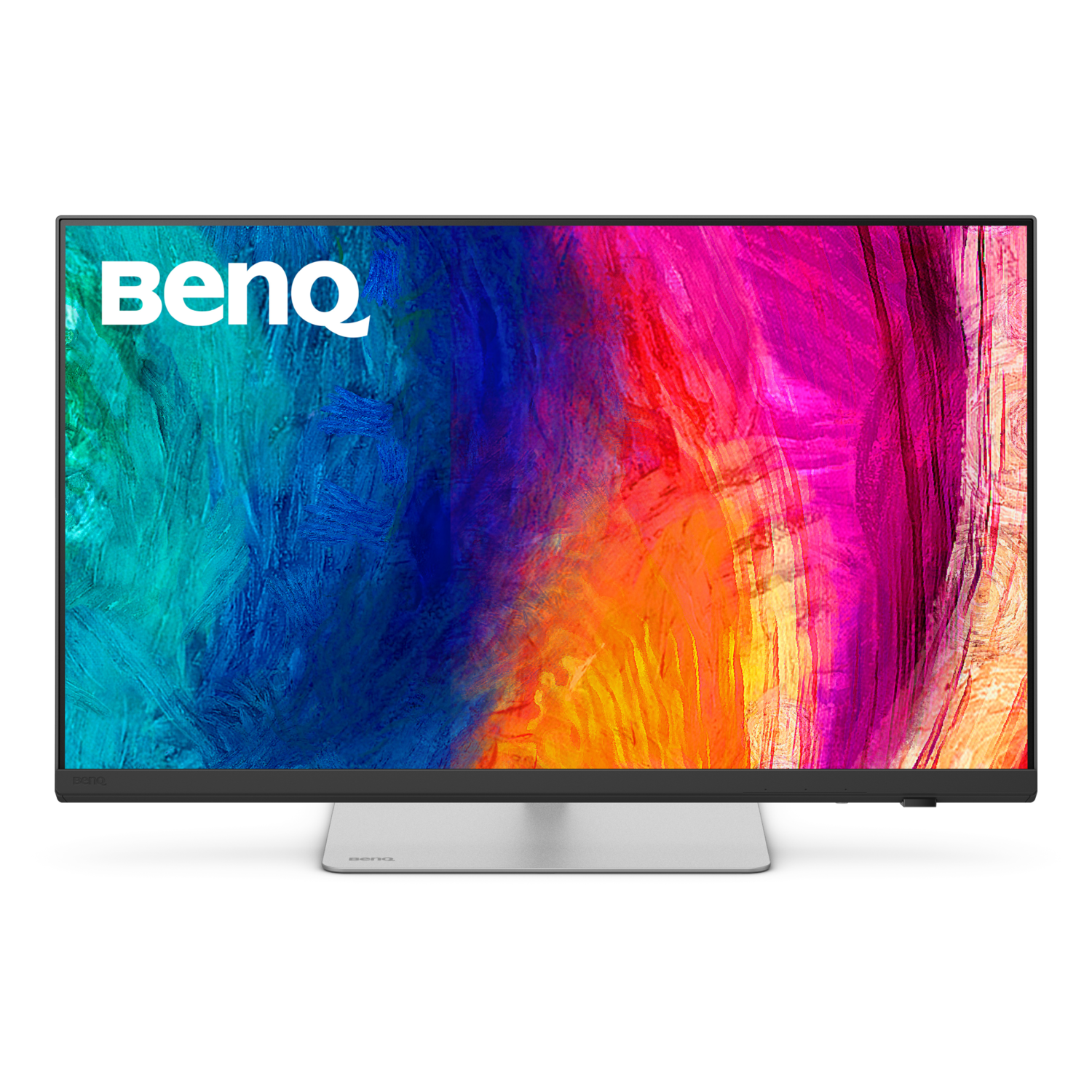 A BenQ monitor displays a colorful abstract background. The monitor has a silver stand, and the BenQ logo is visible.