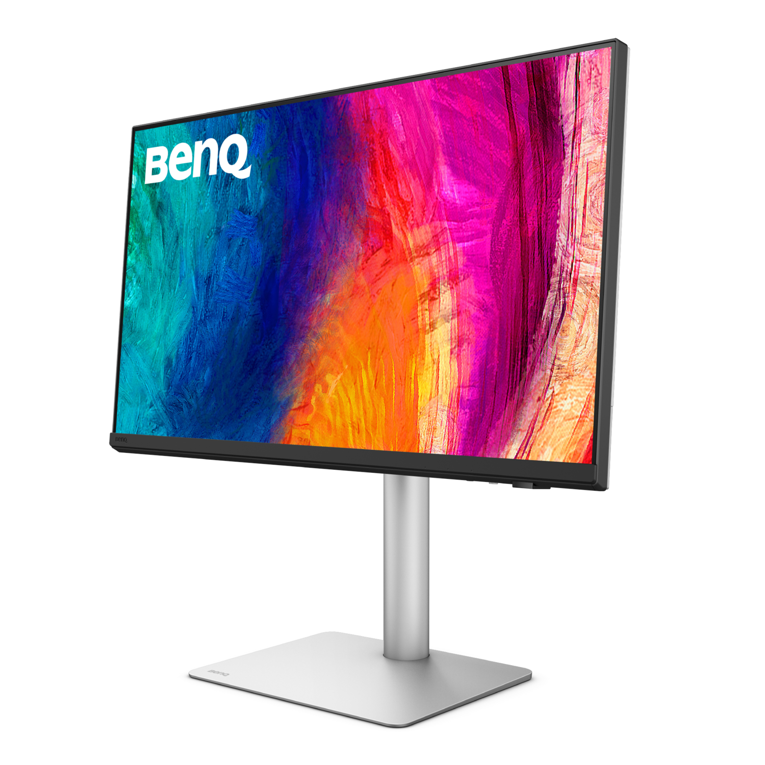 A BenQ monitor displays a colorful abstract image. It stands on a silver stand, with a black bezel against a black background.