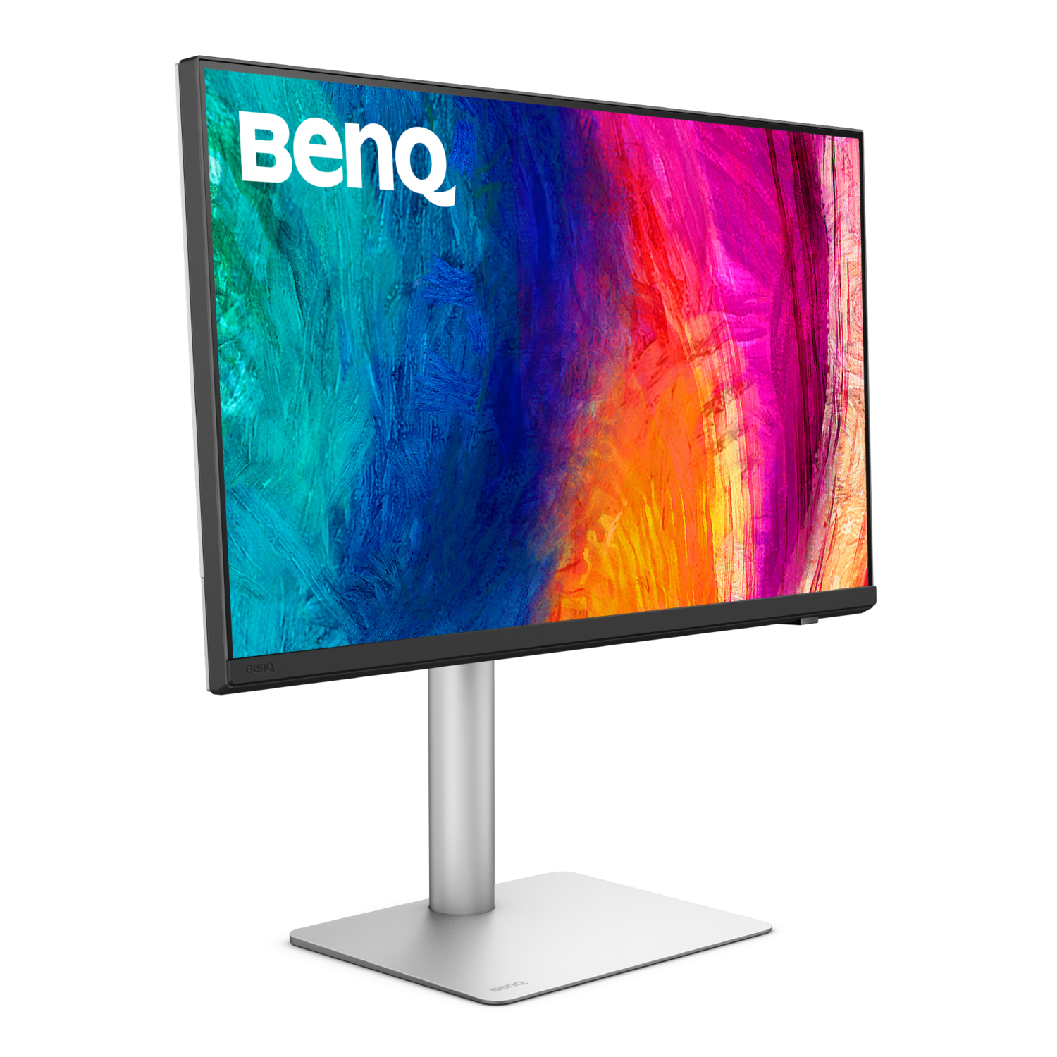 A BenQ monitor displays colorful abstract art. It has a silver stand and a white base, set against a black background.