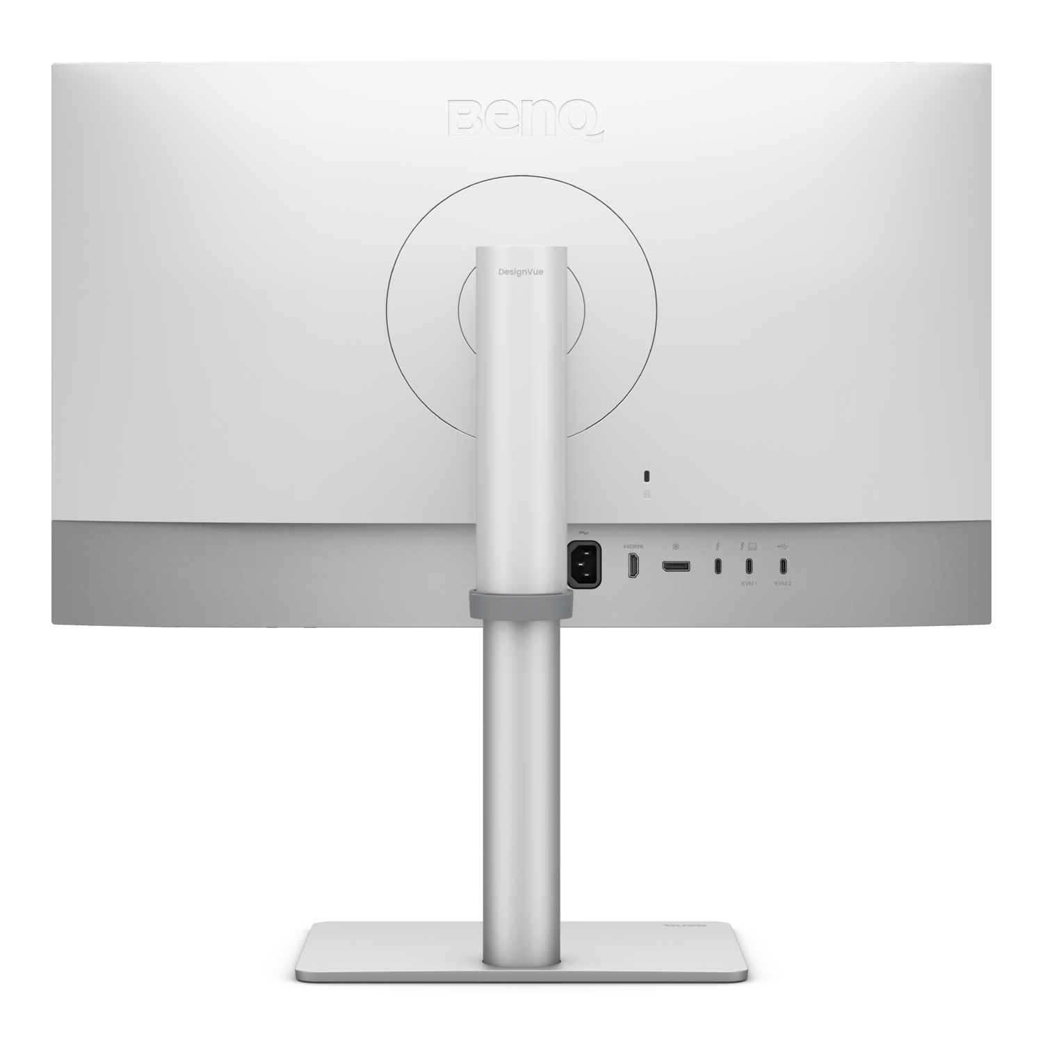 Rear view of a white BenQ monitor. It has a stand, ports, and a circular design element. The background is black.
