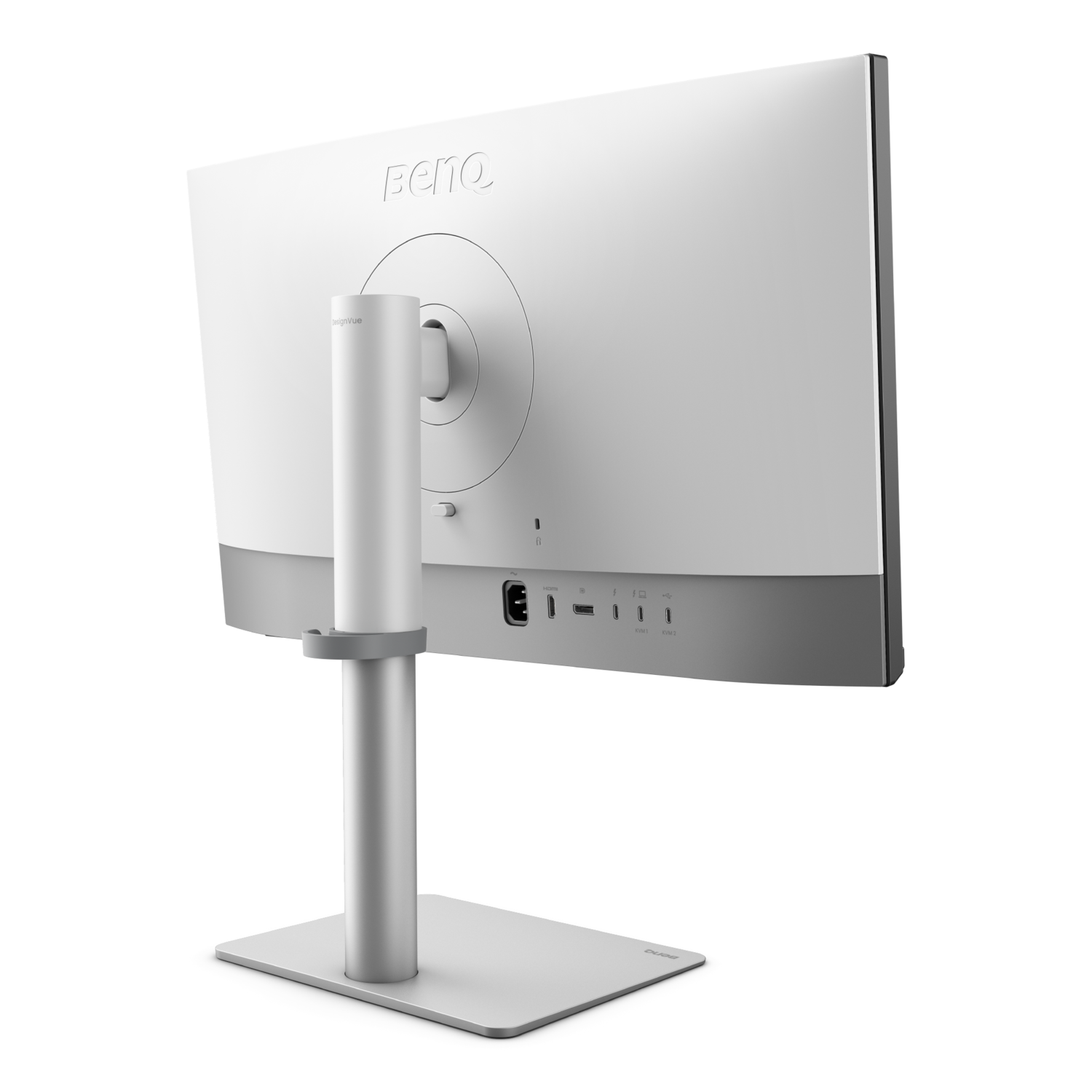 White BenQ monitor back view. It has a white stand. The monitor has a white and gray design. Ports are visible.