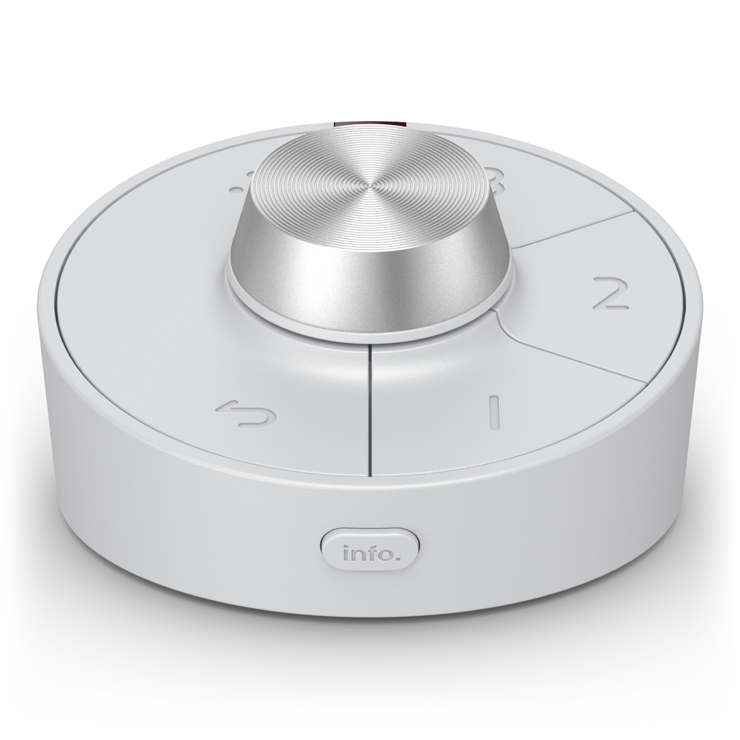 A white, circular device. It has a silver, ridged central control and labeled sections. There is an info button at the base.