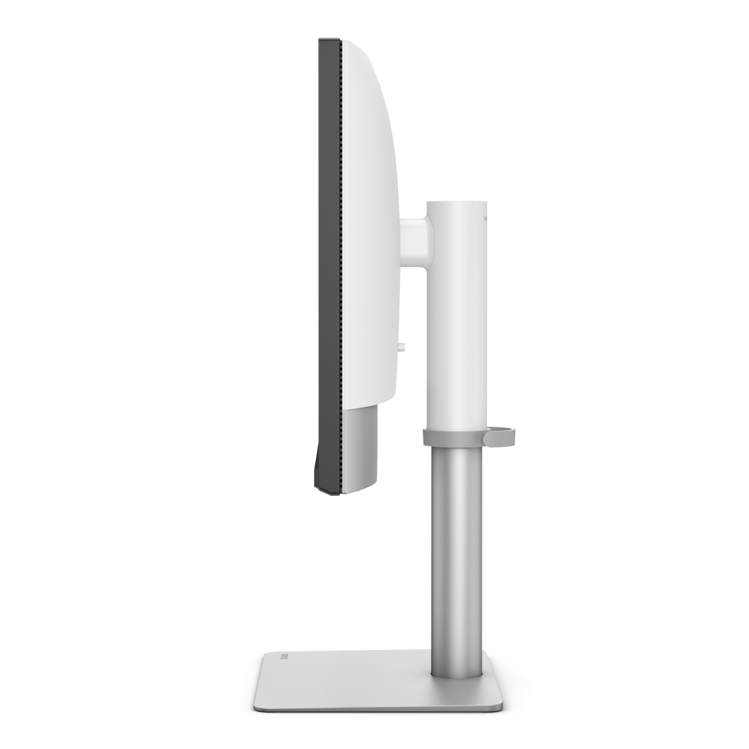 Side view of a computer monitor. It has a white screen, a silver stand, and a white support arm. The background is black.