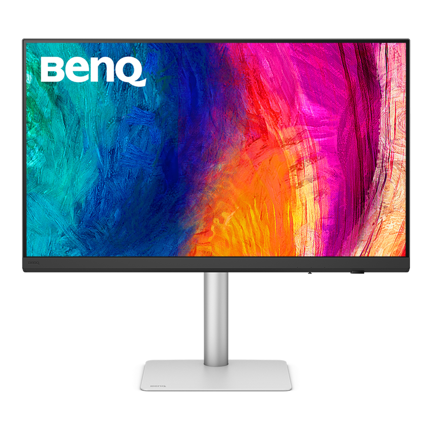 Een BenQ-monitor toont een kleurrijke abstracte achtergrond. De monitor heeft een zilveren standaard en een witte voet. De achtergrond toont blauw, roze en oranje.