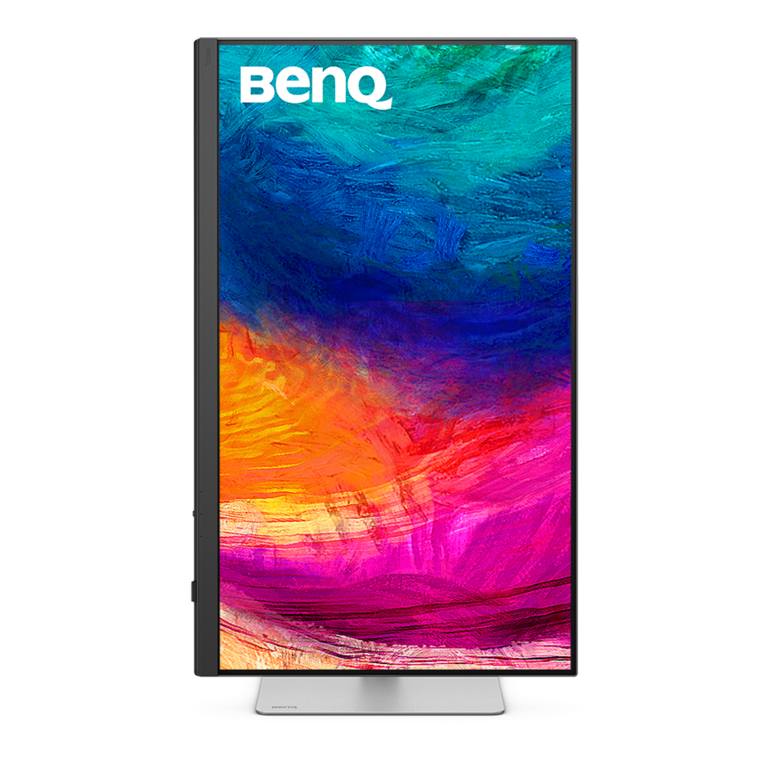 Een BenQ-monitor toont kleurrijke abstracte kunst. Het scherm heeft een zwart frame en de standaard is zilver. De achtergrond is zwart.