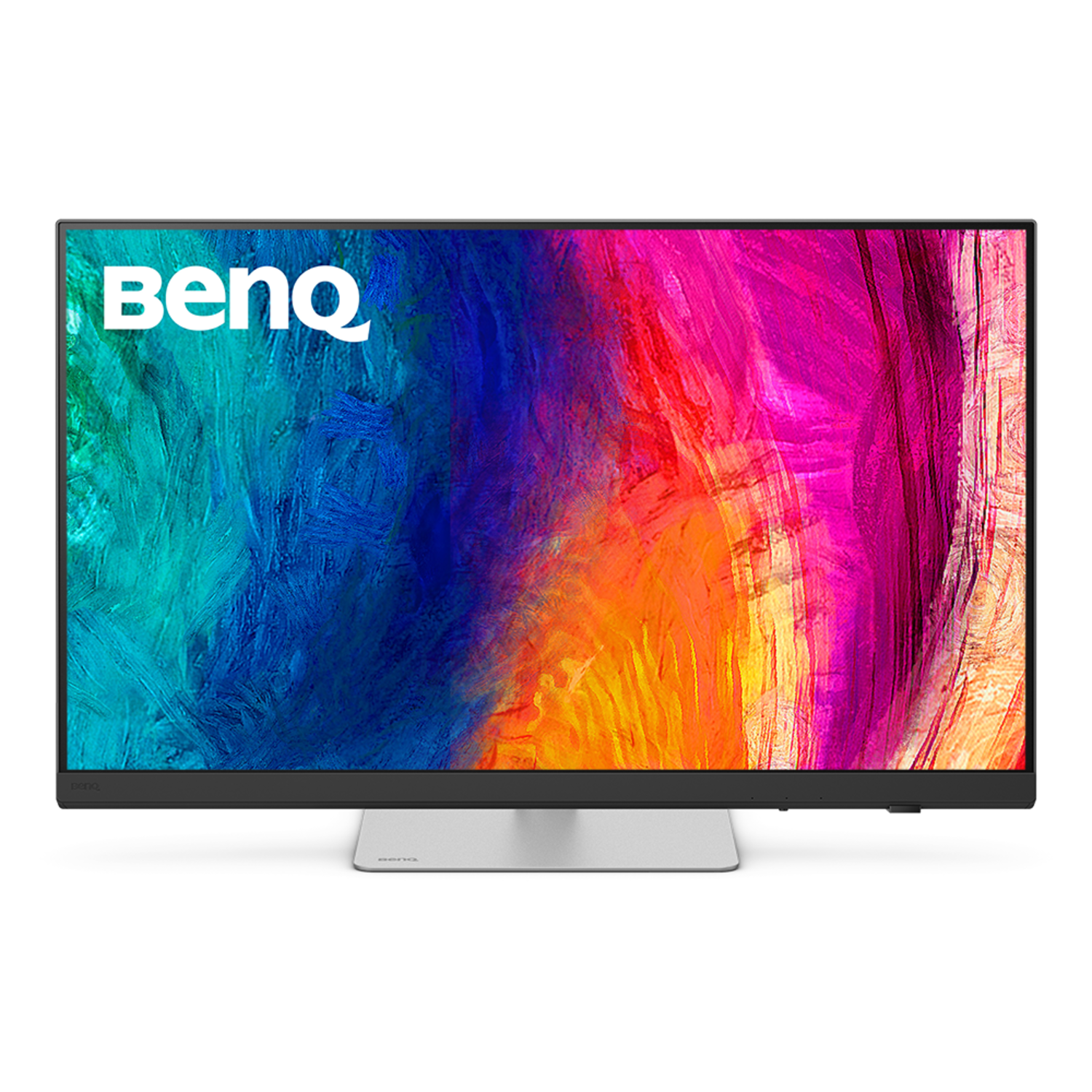 Een BenQ-monitor op een zwarte achtergrond. Het scherm toont kleurrijke penseelstreken in blauwe, roze, oranje en gele tinten.