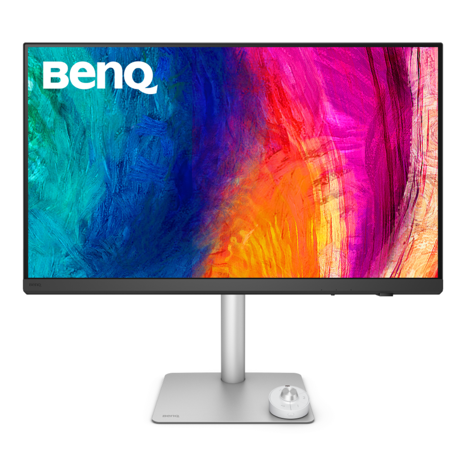Een BenQ-monitor met een kleurrijke abstracte achtergrond. De monitor is zilverkleurig en heeft een standaard. Een draaiknop staat aan de basis.