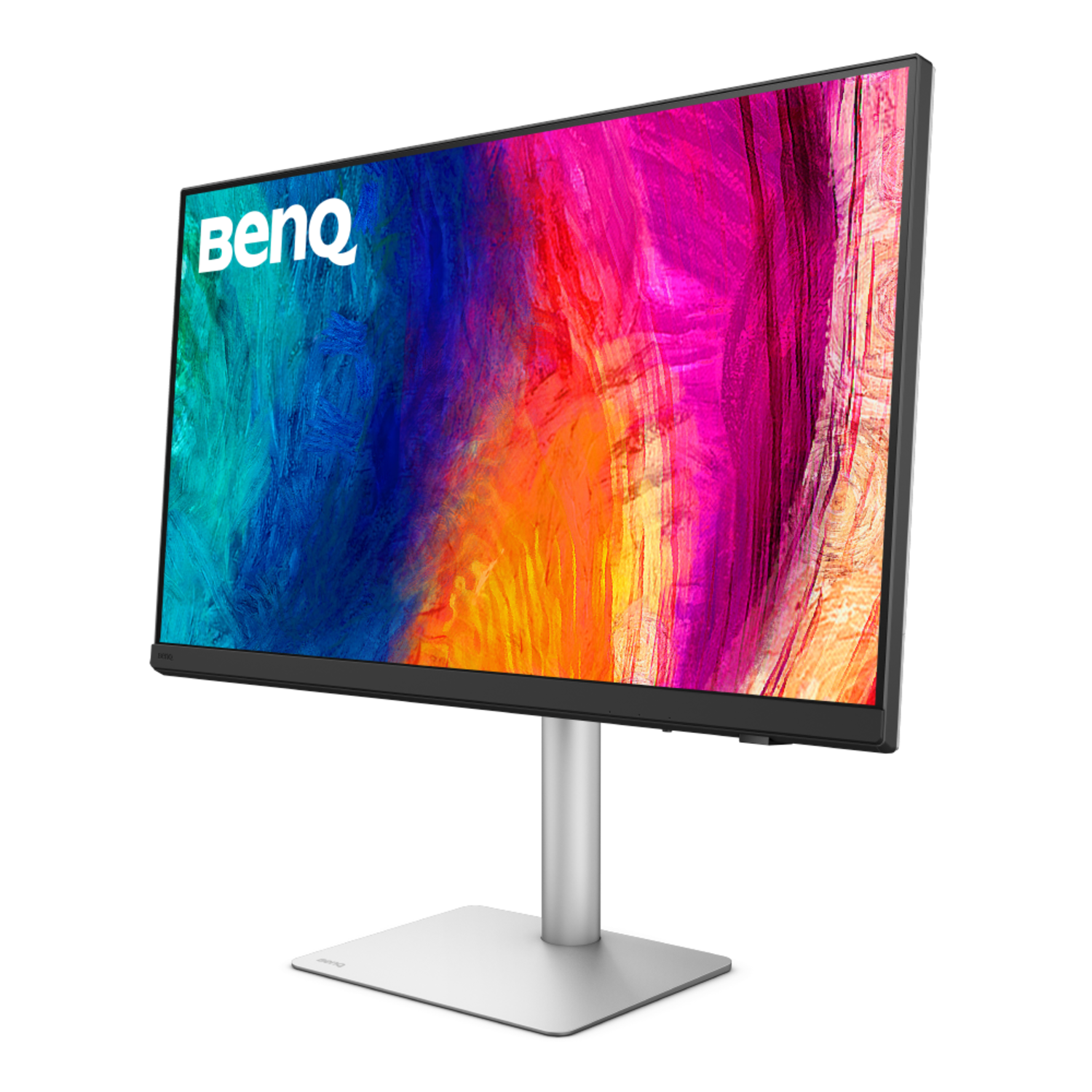 Een BenQ-monitor met een kleurrijke abstracte afbeelding. Het heeft een zilveren standaard en een zwarte rand. De achtergrond is zwart.
