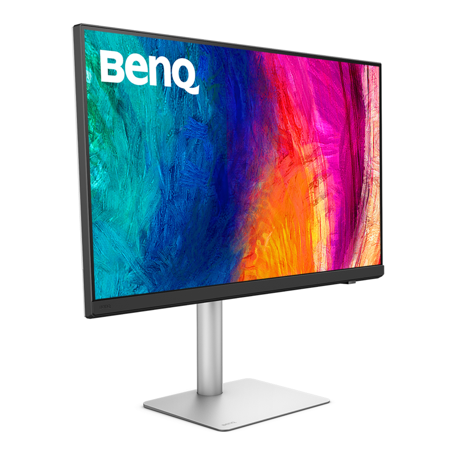 Een BenQ-monitor toont kleurrijke abstracte kunst. Het heeft een zilveren standaard en een zwarte rand, tegen een zwarte achtergrond.