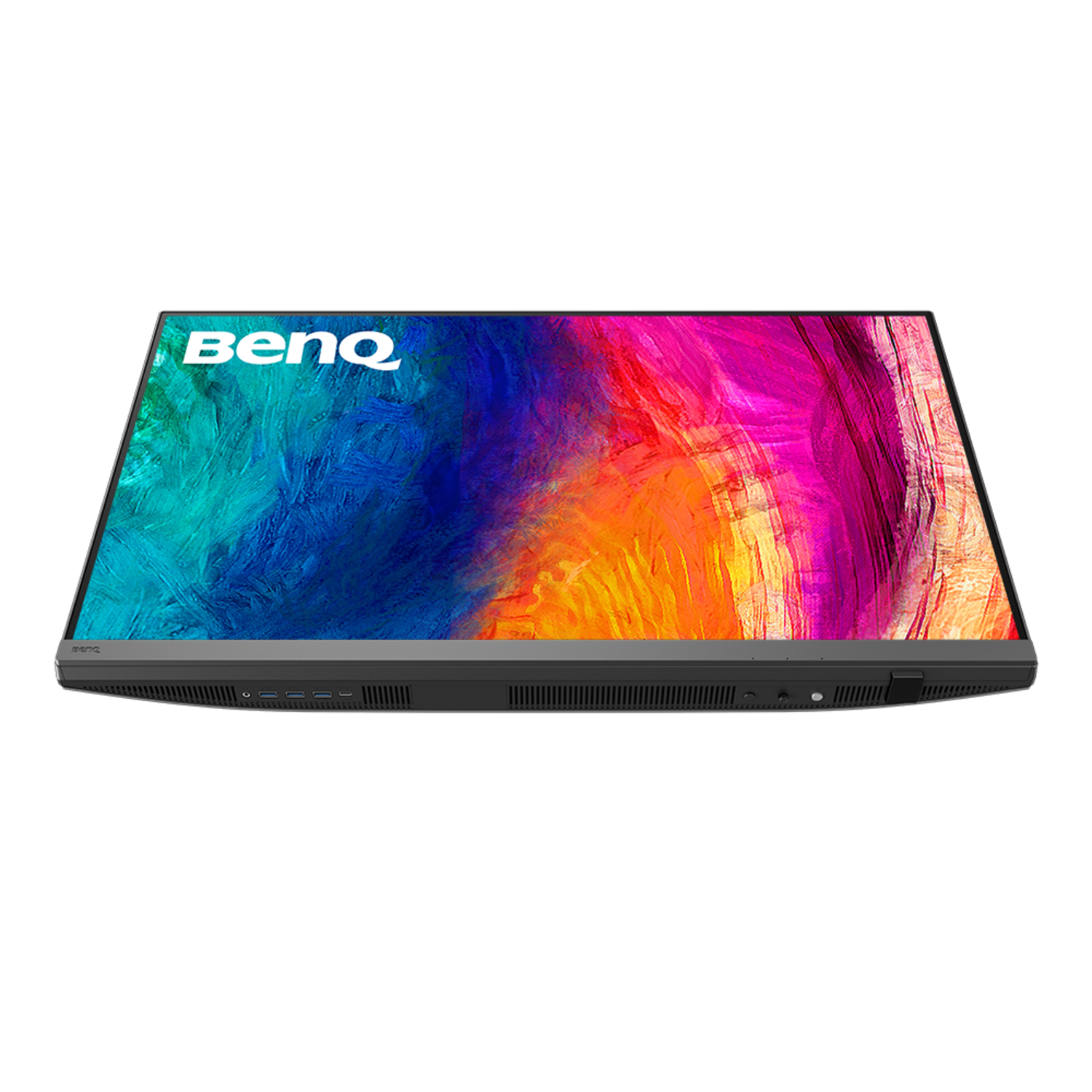 Een platte Benq-monitor met een kleurrijke abstracte achtergrond. De monitor is grijs met meerdere poorten. De achtergrond is een mix van kleuren.