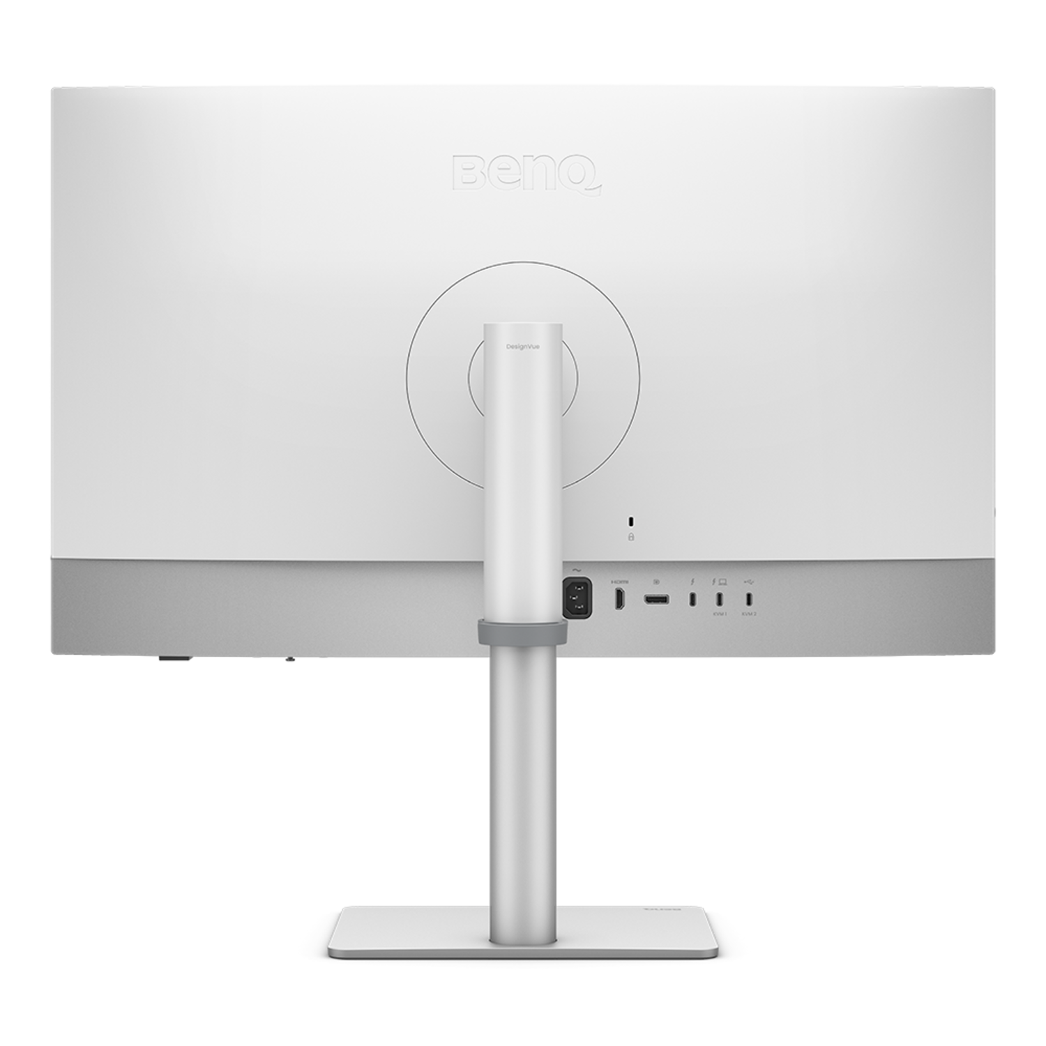 De achterkant van een witte BenQ-monitor. Het heeft een cirkelvormig designelement, een standaard en verschillende poorten.