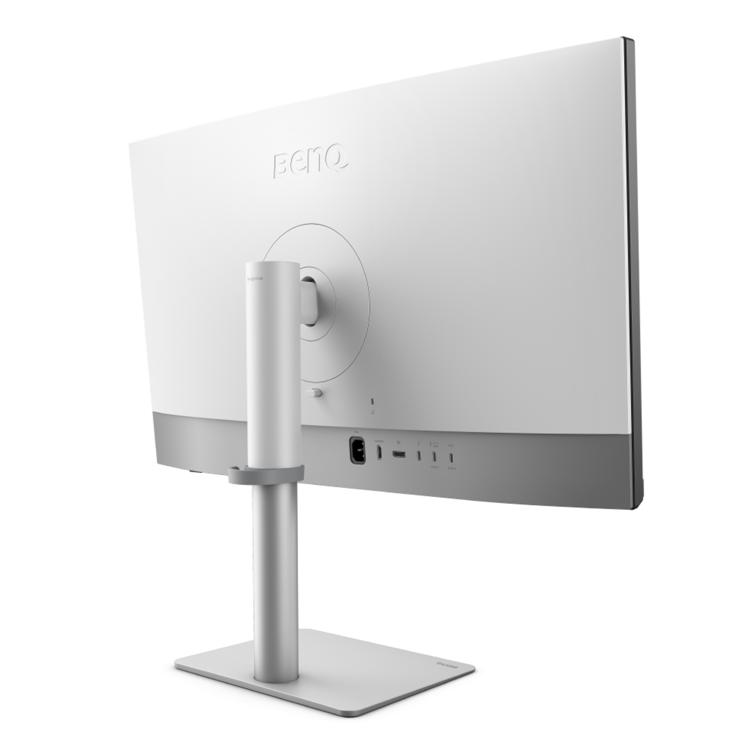 Achterkant van een witte BenQ monitor. Het heeft een zilveren voet en standaard, met verschillende poorten aan de onderkant. De merknaam is zichtbaar.