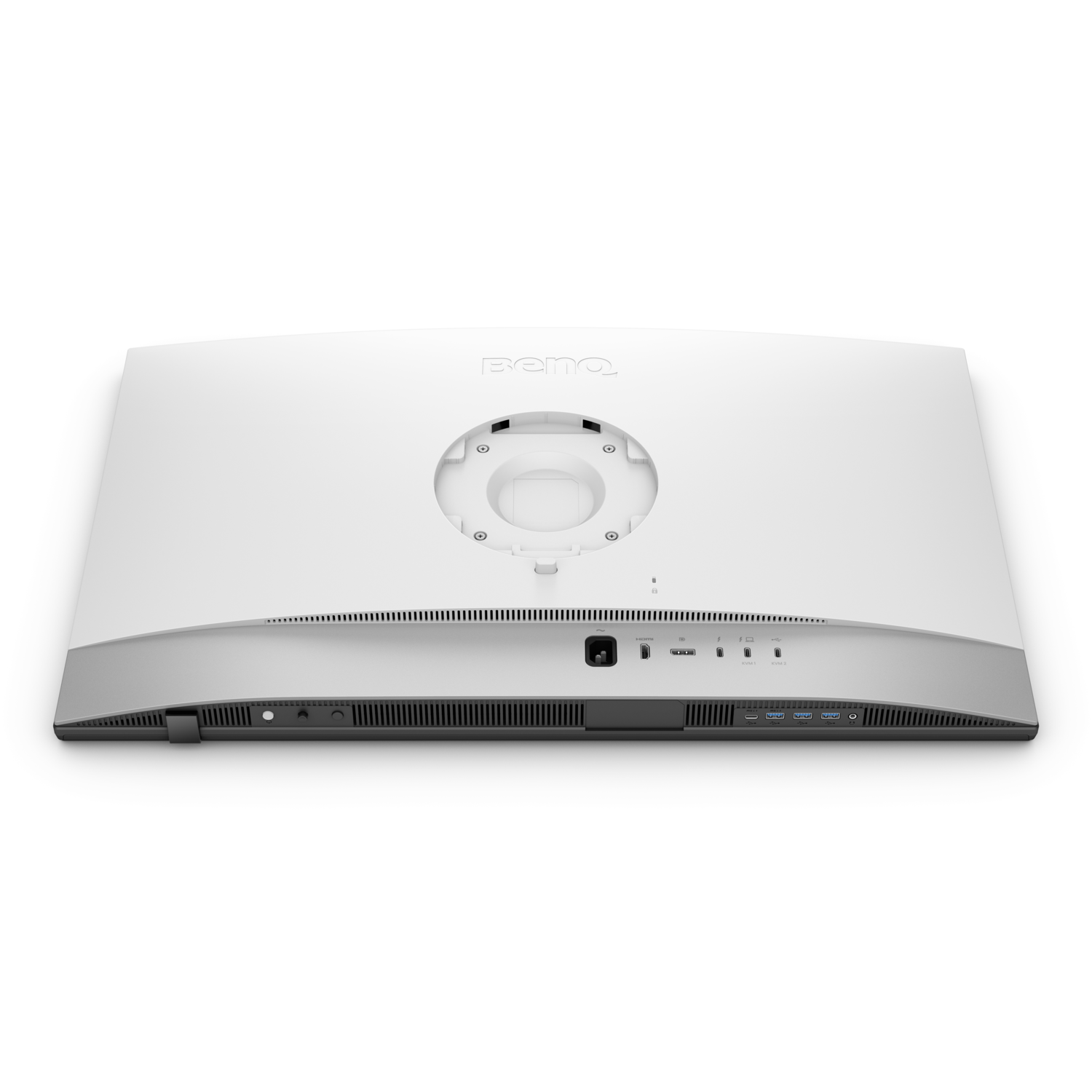 Achterkant van een witte computermonitor met poorten en een houder. Het BenQ-logo is zichtbaar.