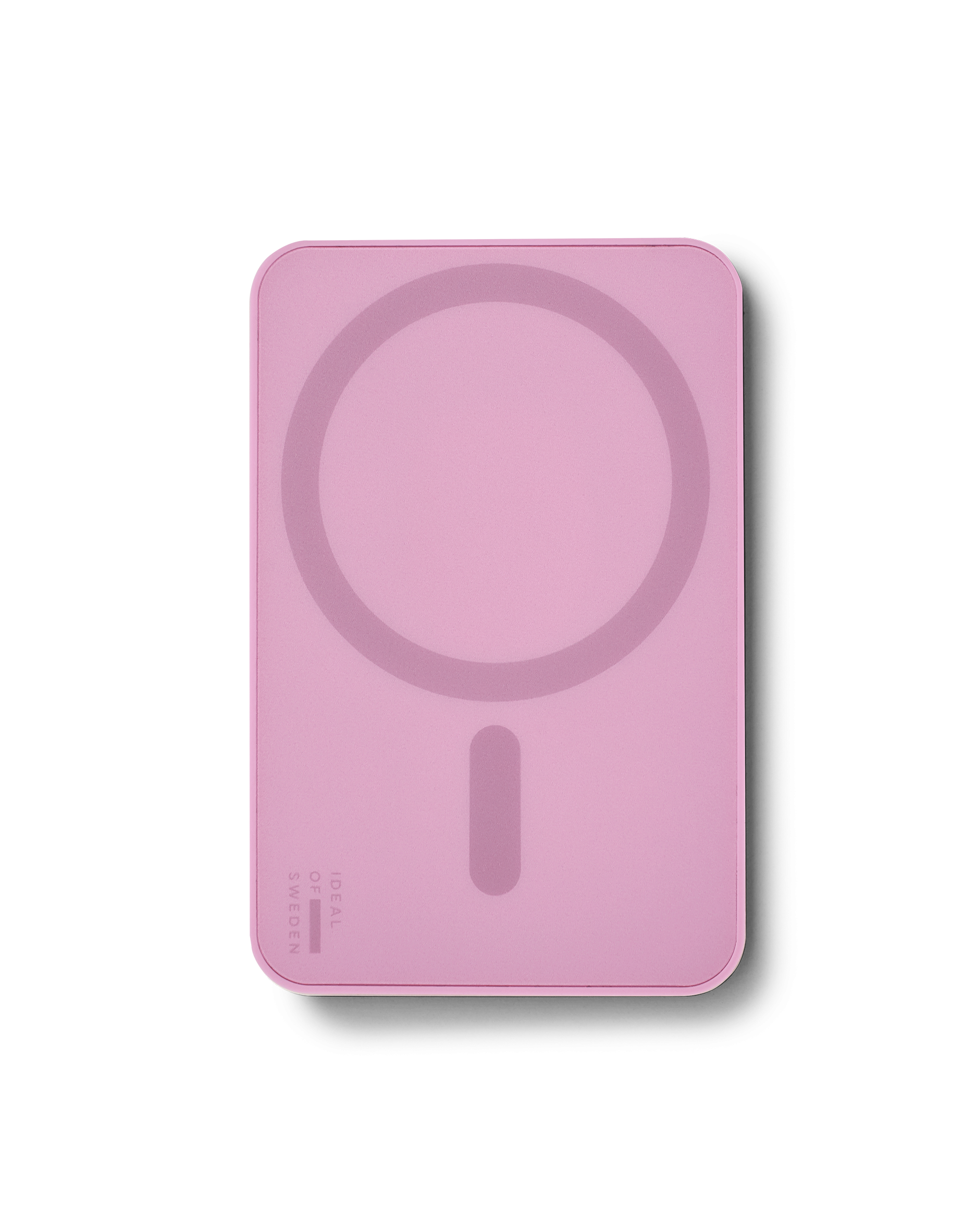 Rosa kabelloses Ladegerät mit Kreis und Rechteck. Ideal of Sweden Logo unten links.