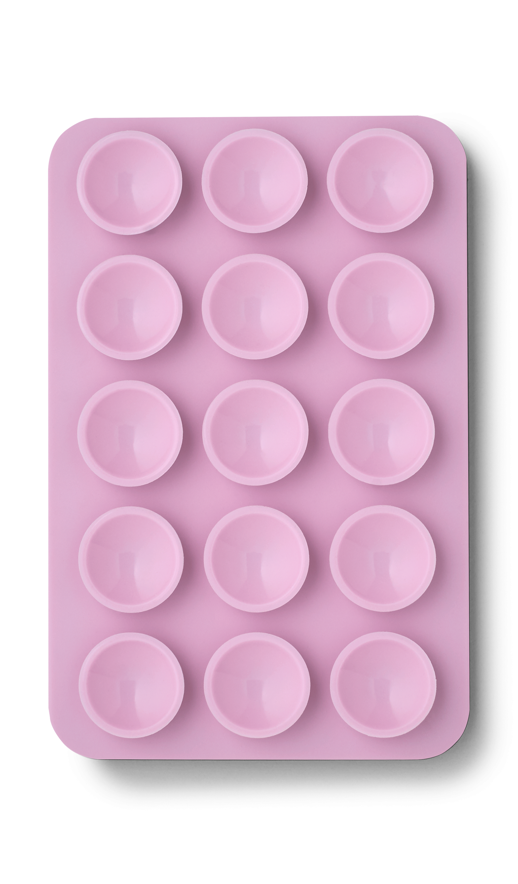 Ein rosa, rechteckiges Spielzeug mit 16 kreisförmigen, vertieften Blasen. Schattierte Kanten erzeugen Tiefe. Schwarzer Hintergrund.