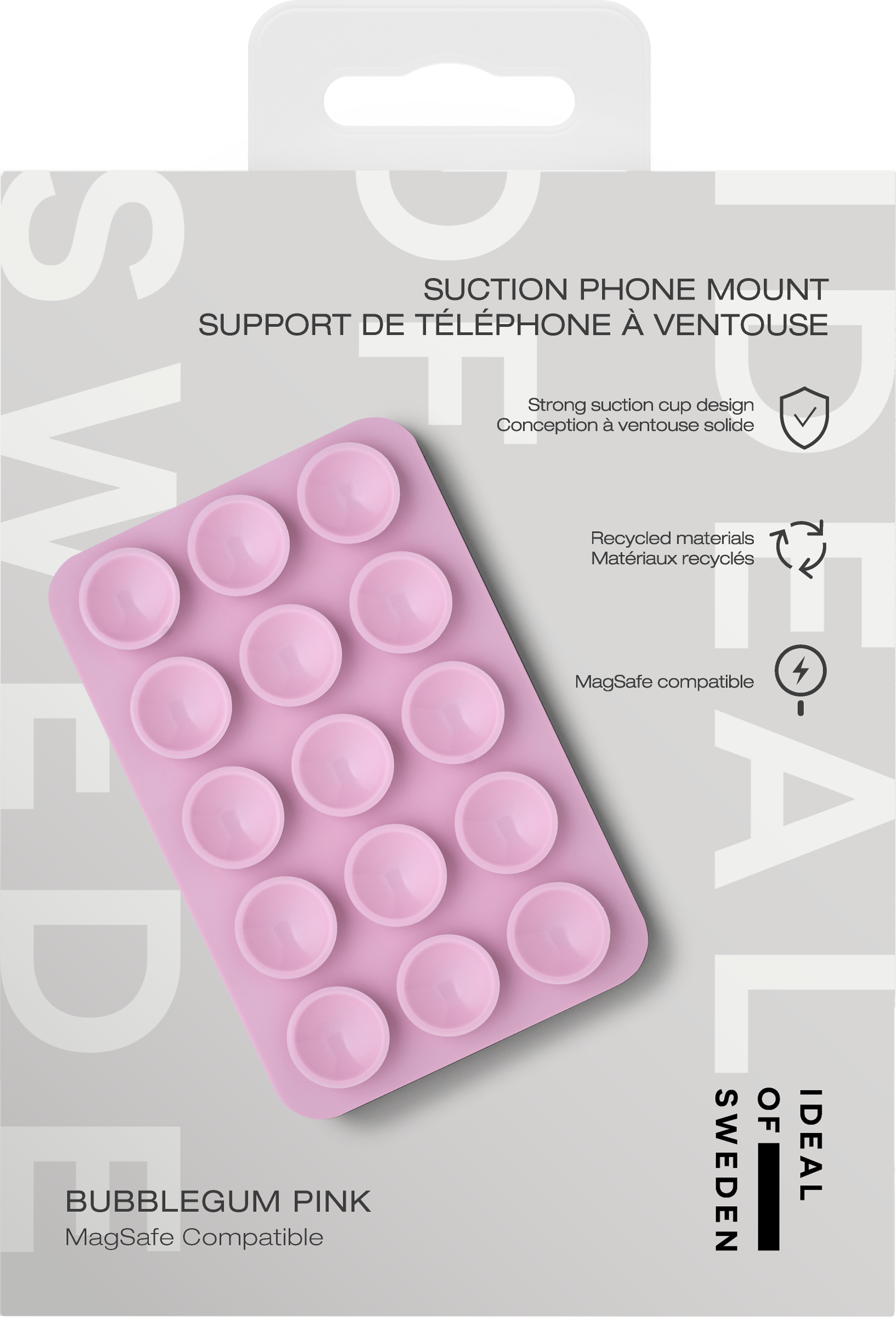 Rosa Handyhalterung mit Saugnäpfen. Text: 'Suction Phone Mount' und 'Bubblegum Pink'. Hintergrund hellgrau.