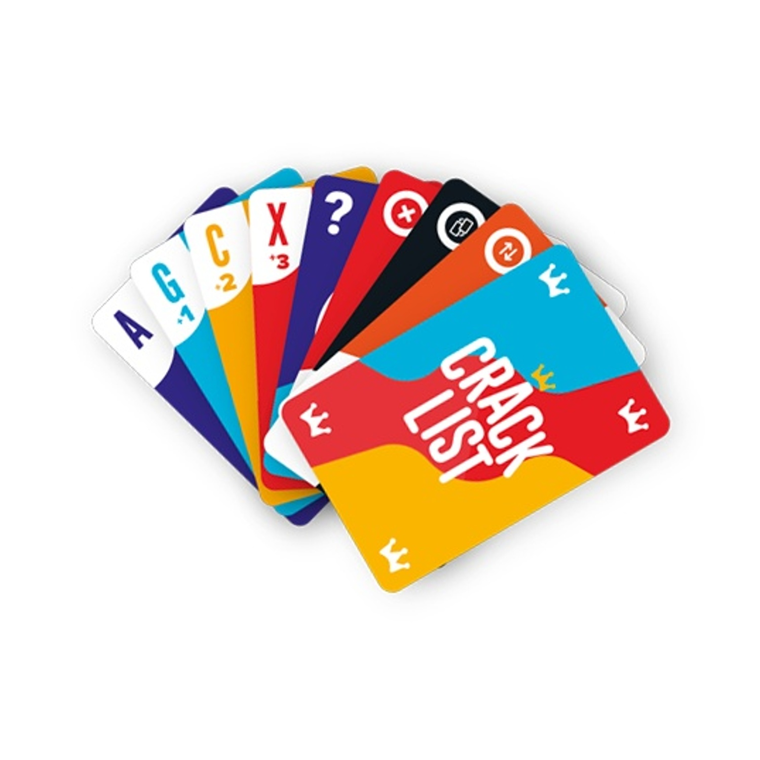 Carte a ventaglio, che mostrano vari colori e simboli. Il mazzo include le parole "CRACK LIST" e altre lettere e numeri.