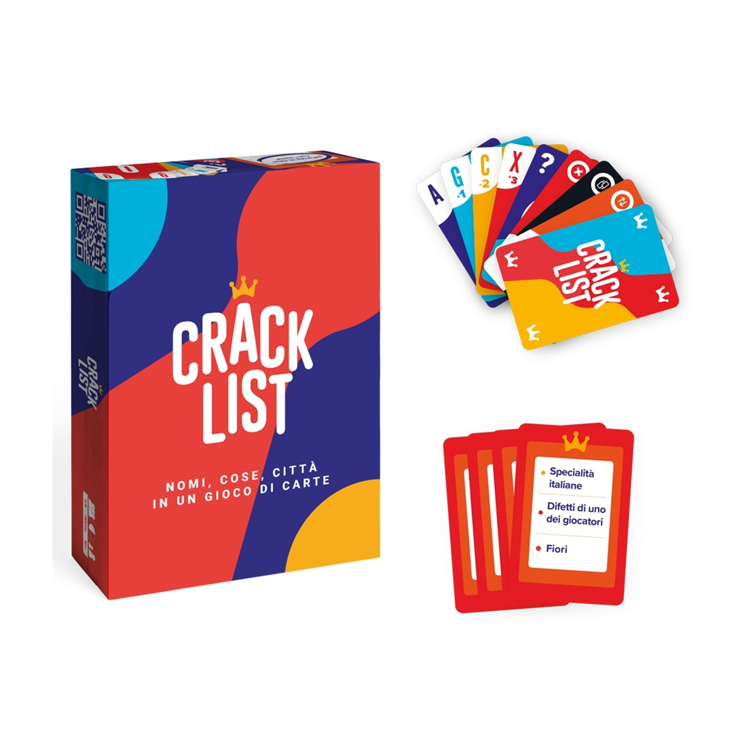 Una scatola e carte del gioco Crack List su una superficie bianca. Le carte sono di vari colori, con testo e simboli. La scatola ha un codice QR.