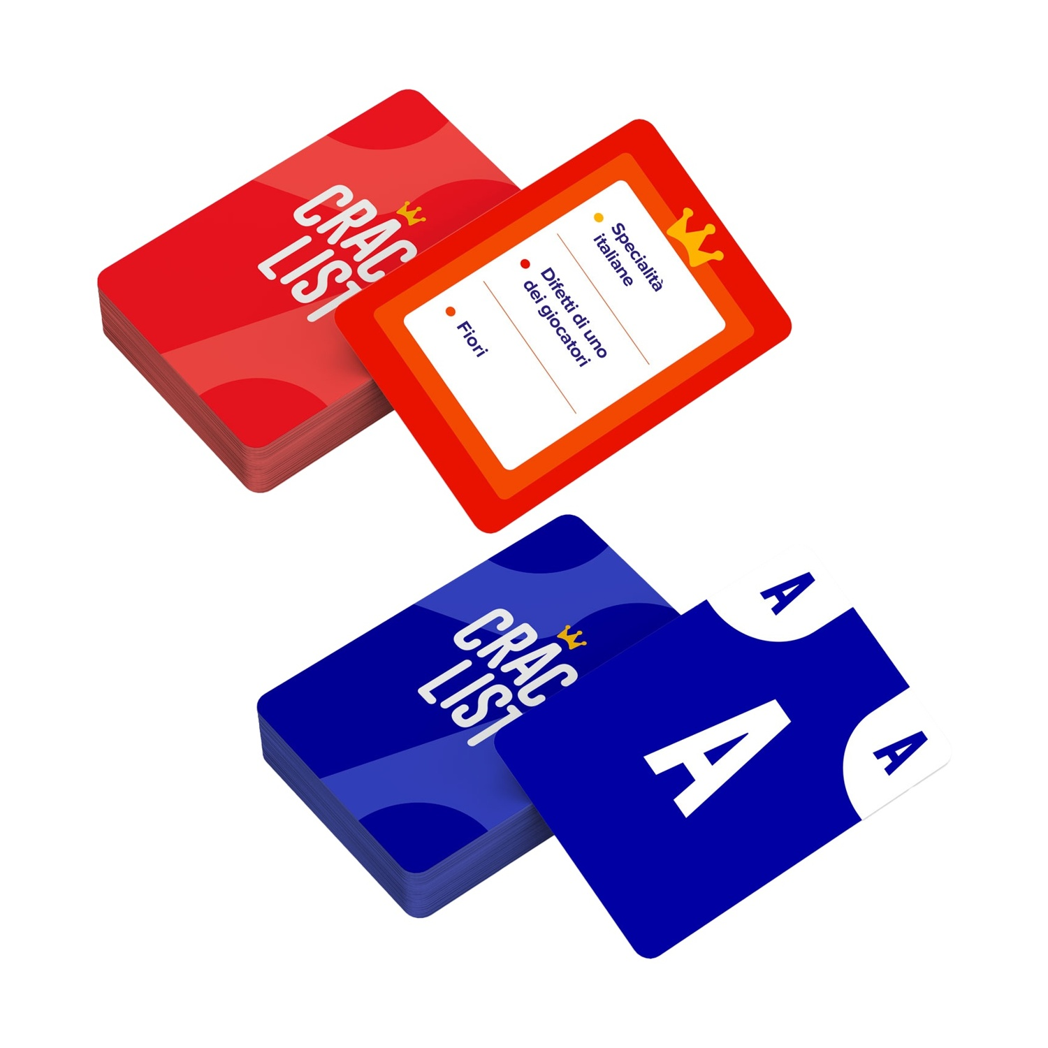 Carte con "CRAC LIST". Una carta rossa mostra "Specialità italiane". Carte blu con "A". Carte su sfondo bianco.