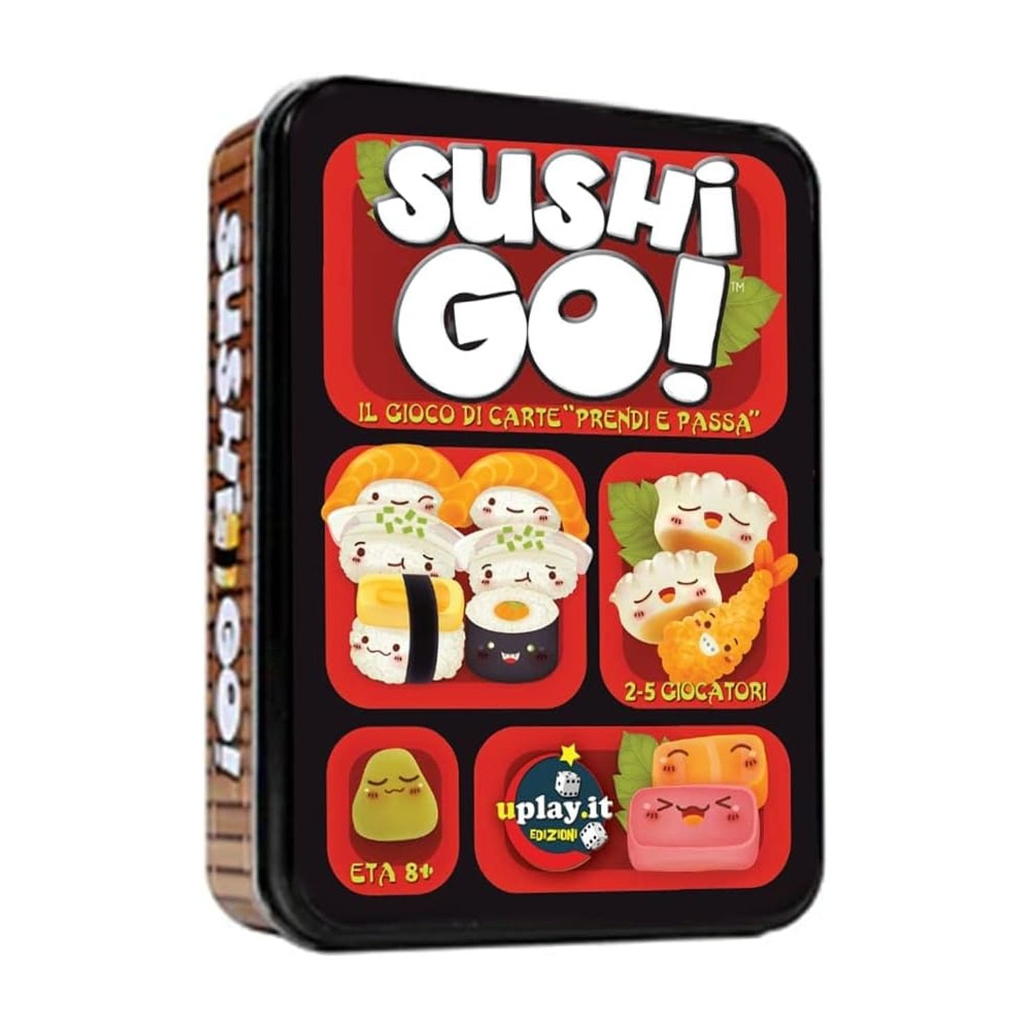 Una scatola del gioco di carte Sushi Go!. La scatola rossa e nera mostra illustrazioni di sushi e il nome del gioco. Per 2-5 giocatori, dai 8 anni.