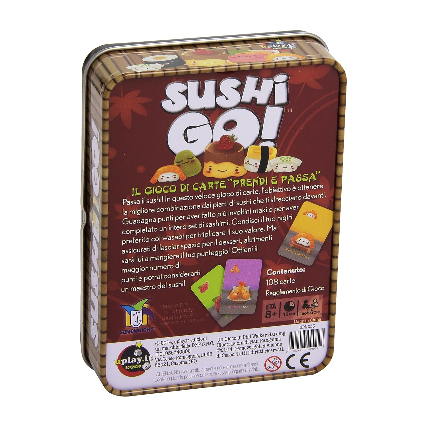 Scatola del gioco di carte Sushi Go!. La scatola è marrone e presenta illustrazioni di sushi sulla parte superiore e il nome del gioco.