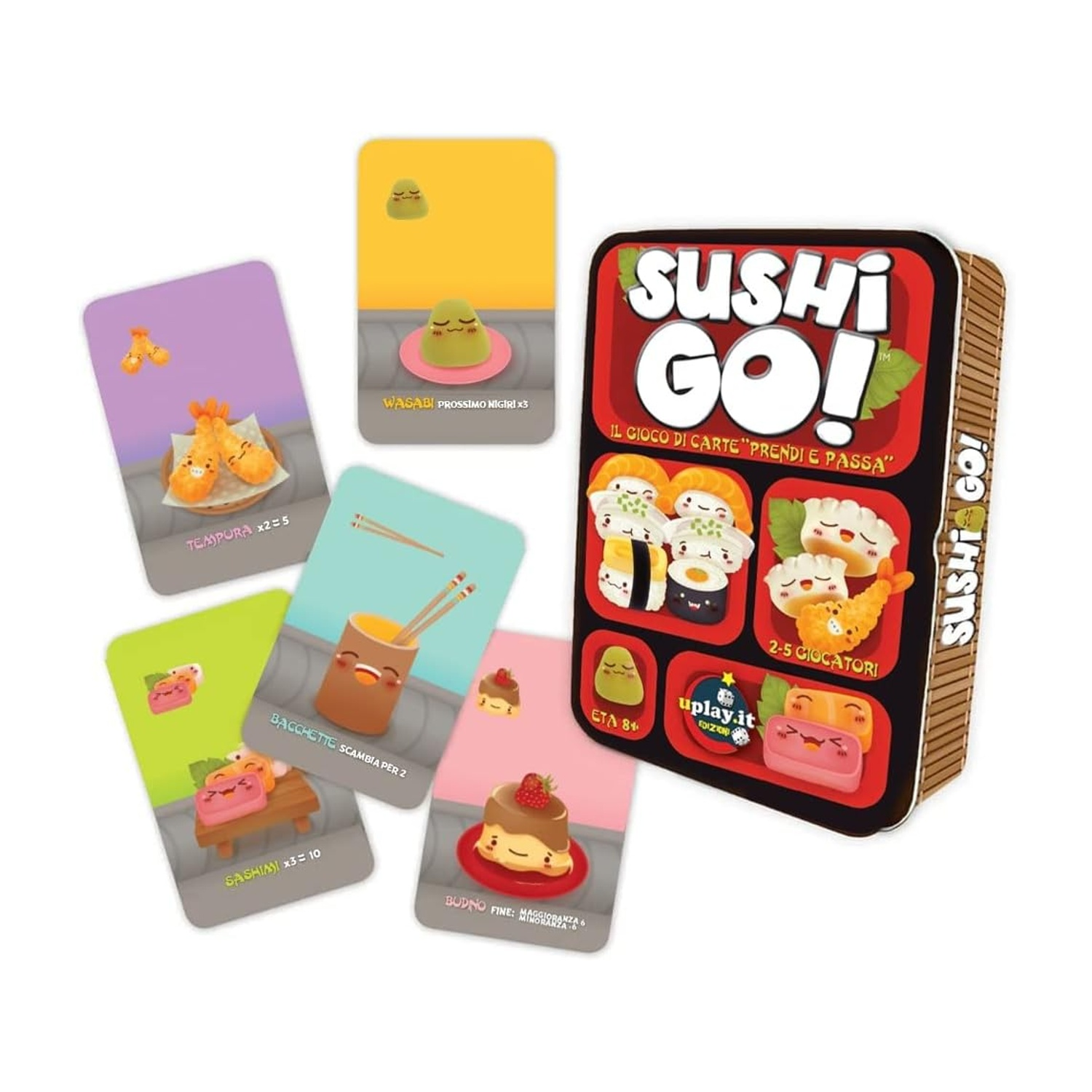 Un gioco di carte Sushi Go! con varie illustrazioni di cibo come sushi, tempura e wasabi. La scatola presenta personaggi di sushi sorridenti.