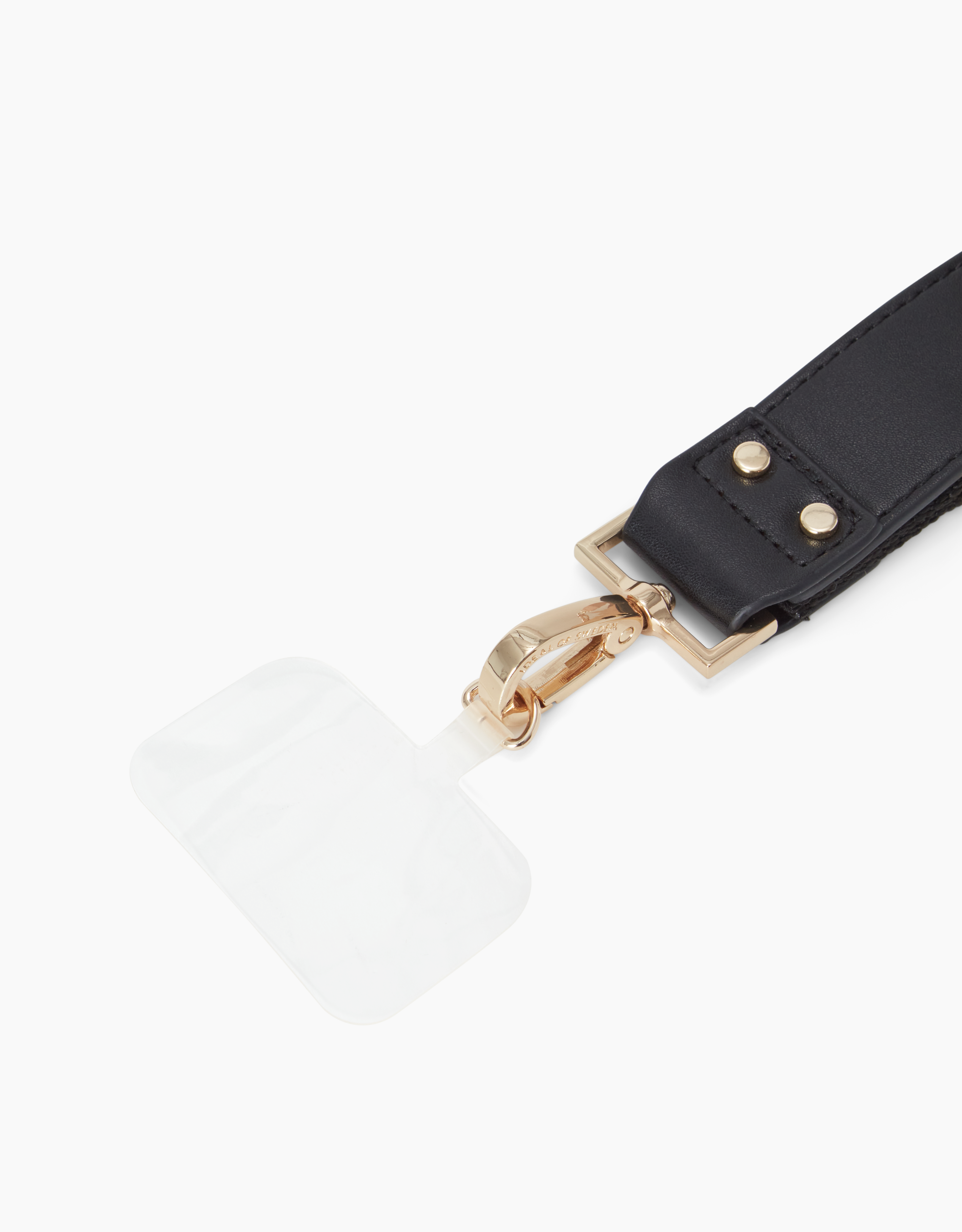 Schwarzes Leder-Lanyard mit goldenem Verschluss und durchsichtigem Plastikkartenhalter auf weißem Grund.