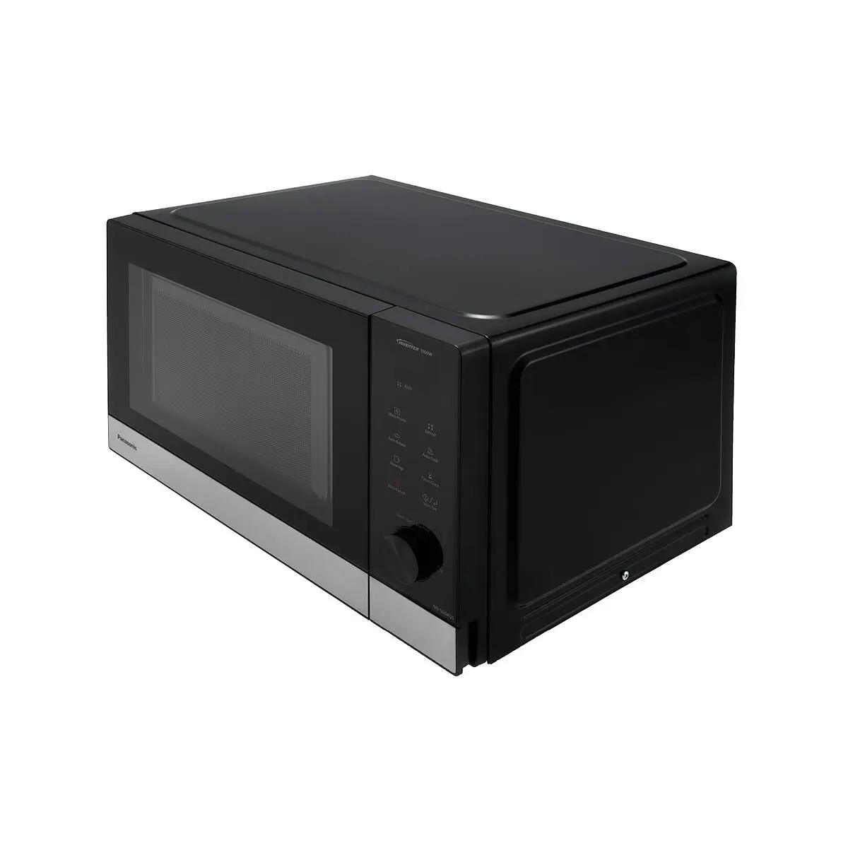 Czarna kuchenka mikrofalowa Panasonic na białym tle. Ma srebrne akcenty, cyfrowy wyświetlacz i przyciski sterowania.
