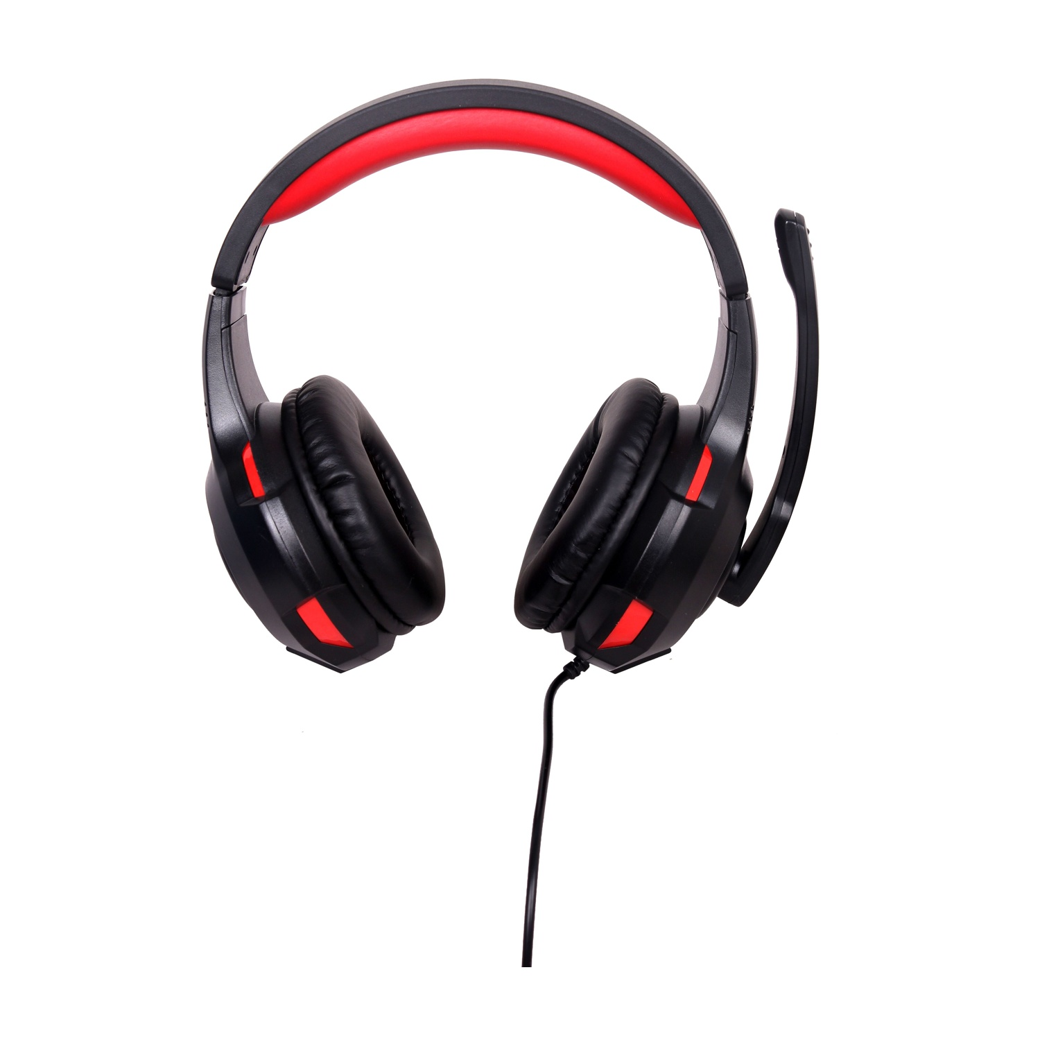 Cuffie da gioco nere e rosse con microfono. Hanno una fascia rossa e padiglioni neri, isolate su sfondo bianco.