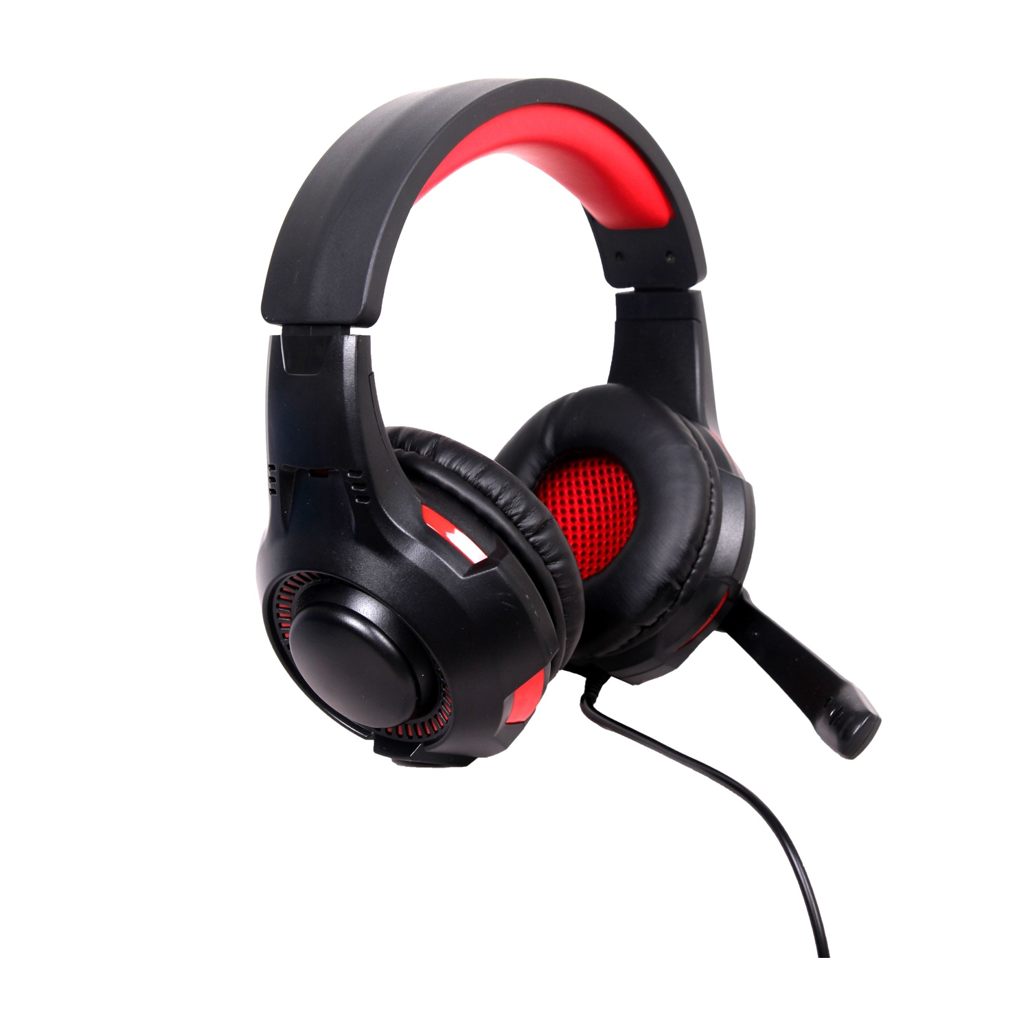 Cuffie da gioco nere e rosse con microfono. Le cuffie sono sospese su uno sfondo bianco.