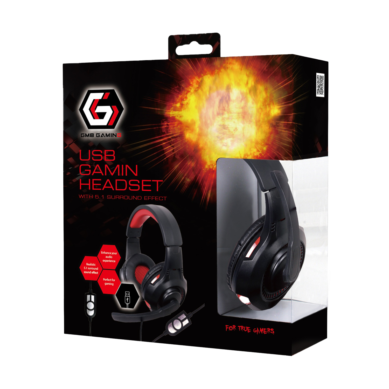 Un'auricolare da gioco nera e rossa in una scatola. La scatola ha il testo 'USB Gaming Headset' e il logo del marchio. L'auricolare è esposta nella scatola.