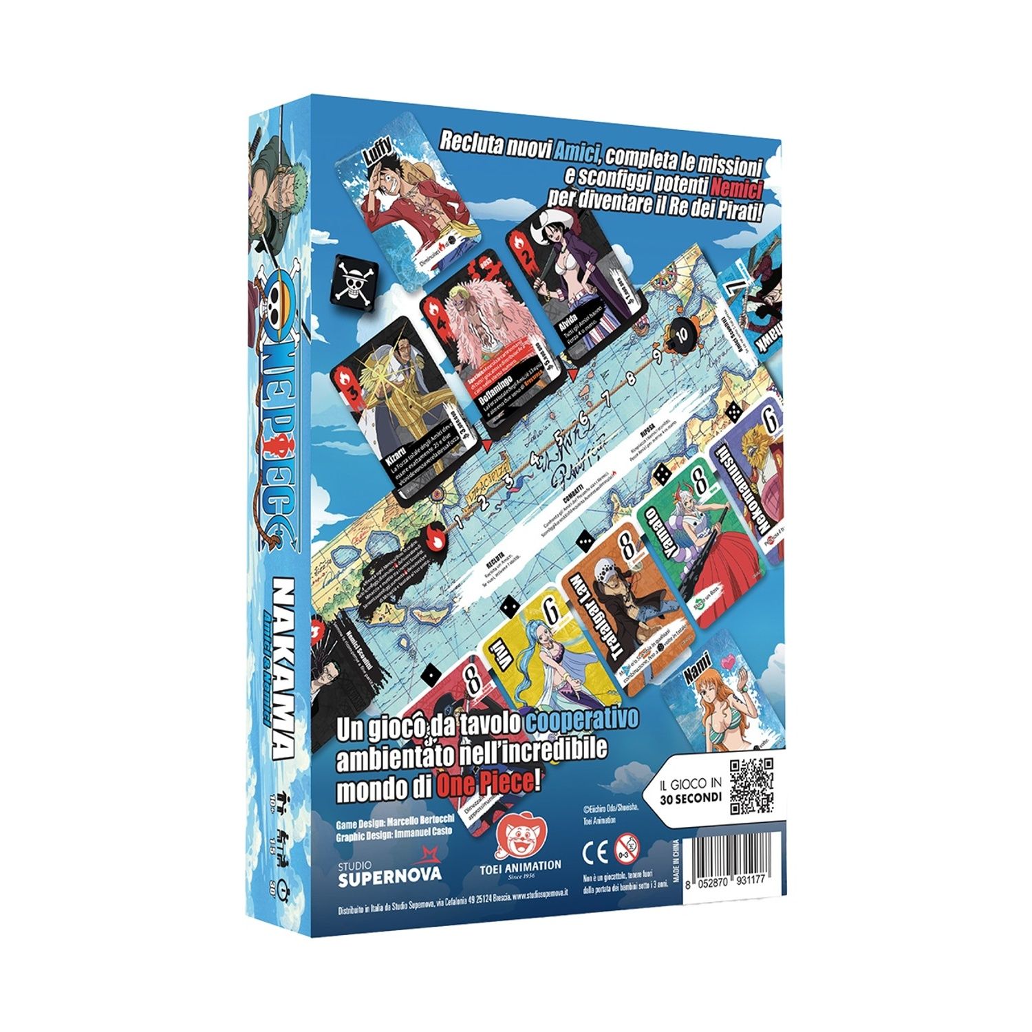 Scatola del gioco da tavolo con personaggi di One Piece. Carte, mappa e testo in italiano. La scatola mostra Luffy e altri.