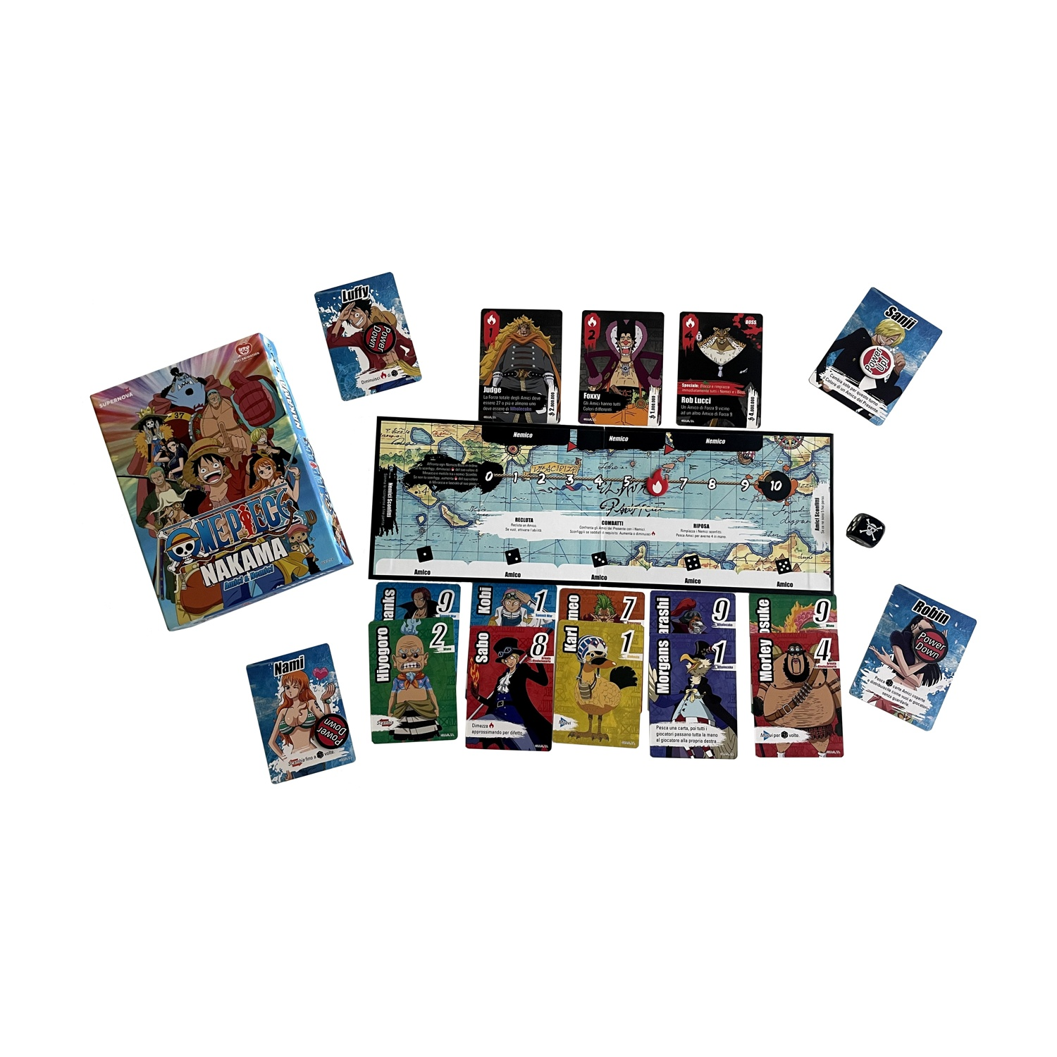 Un gioco da tavolo con carte e un dado, con personaggi di One Piece, distribuiti su una superficie bianca.
