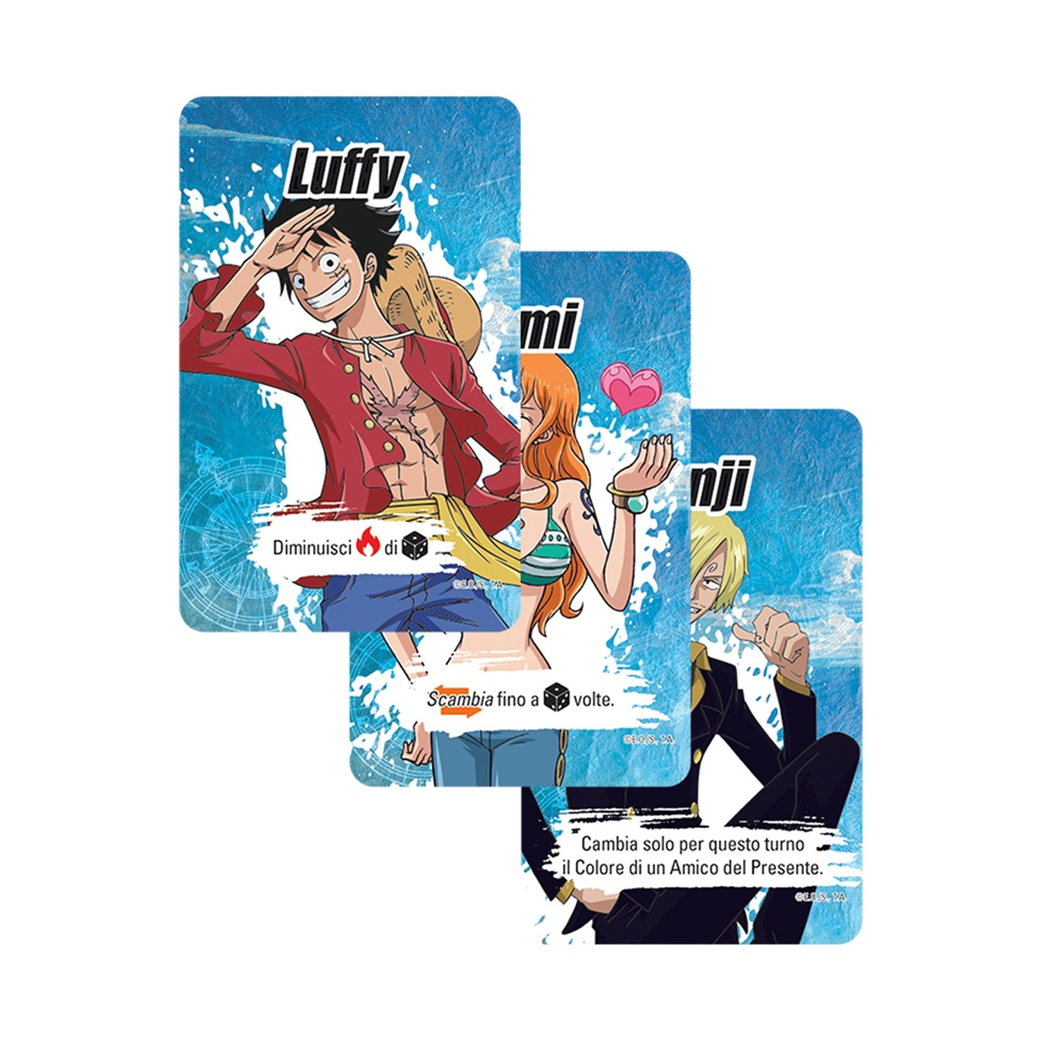Tre carte di One Piece. Luffy in cappotto rosso, Nami con capelli arancioni e Sanji in abito. Carte su sfondo blu.