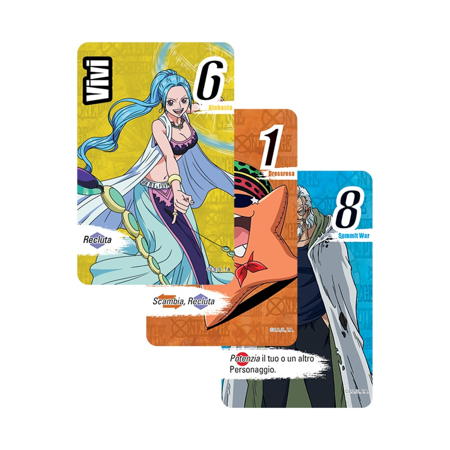 Tre carte di One Piece. Vivi, una donna con i capelli blu, è in alto. Una carta arancione con una stella e un uomo con i capelli grigi.