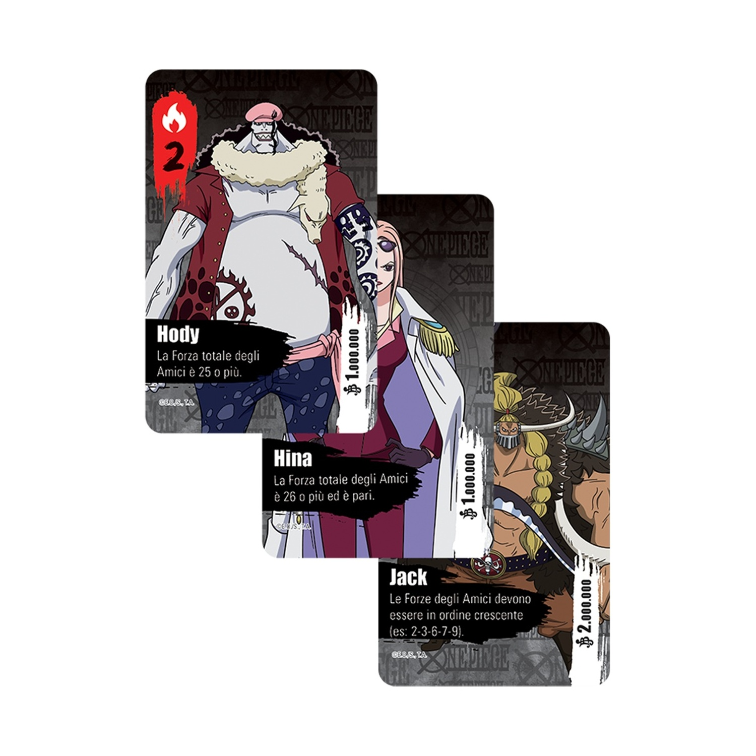 Tre carte di One Piece: Hody, Hina e Jack. Hody è un uomo grande. Hina ha i capelli rosa. Jack ha un elmo cornuto.