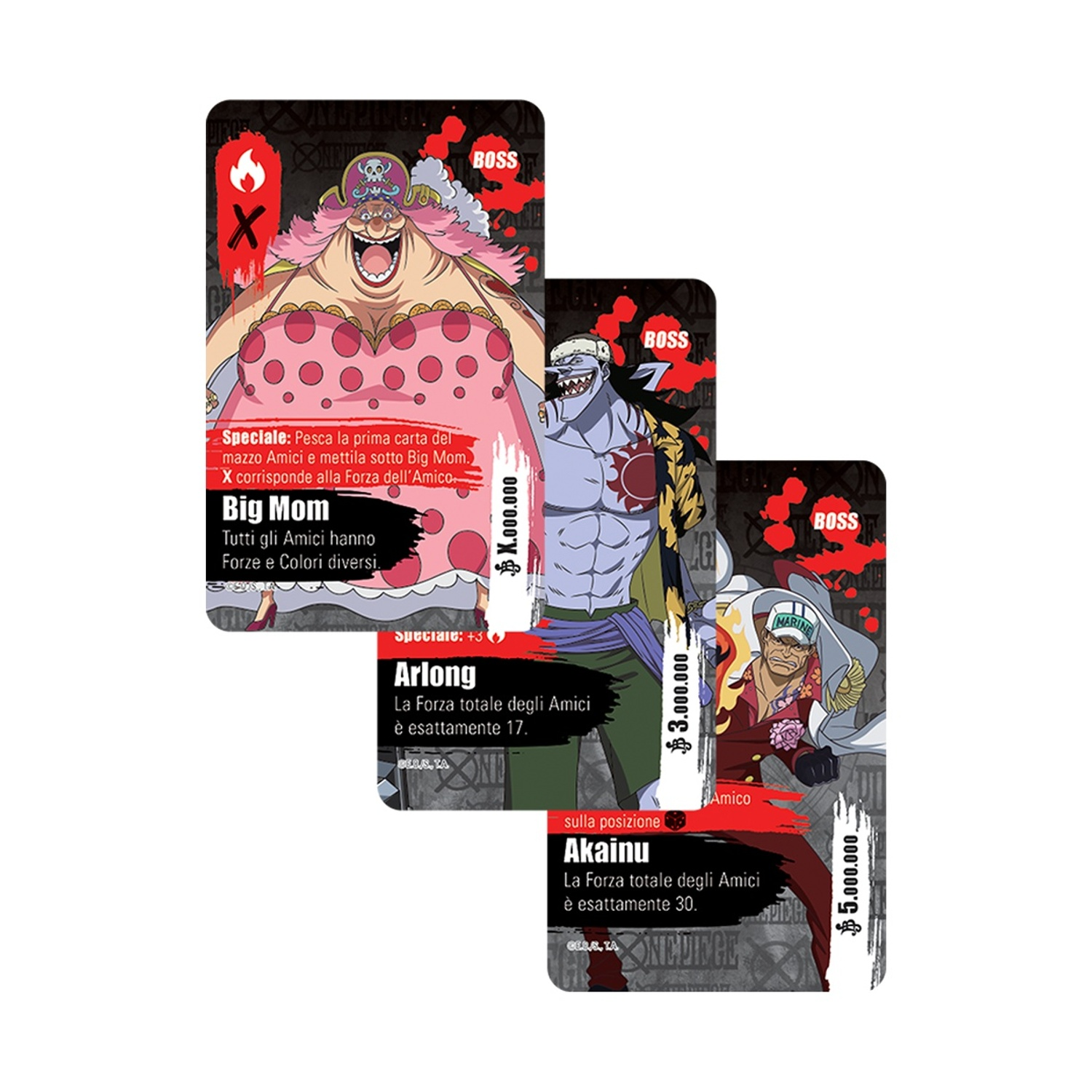 Tre carte di One Piece con i personaggi Big Mom, Arlong e Akainu. Big Mom è rosa, Arlong è blu e Akainu è rosso.