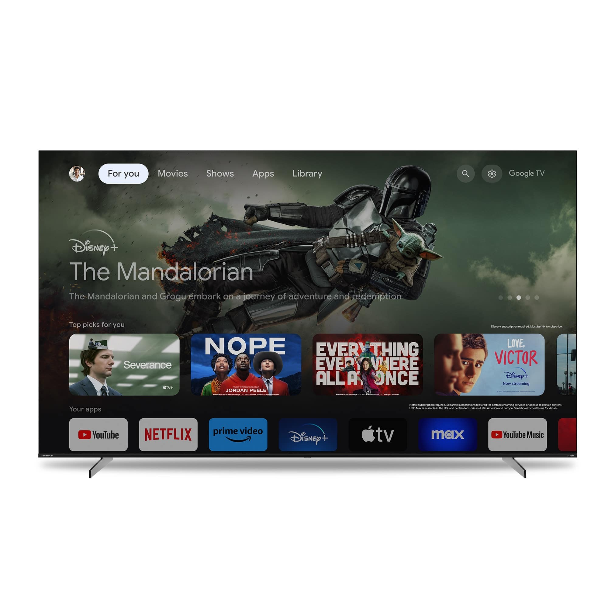 Bir TV ekranı Disney+ ve The Mandalorian'ı gösteriyor. Diğer uygulamalar ve filmler gösteriliyor. Ekran bir stand üzerinde.