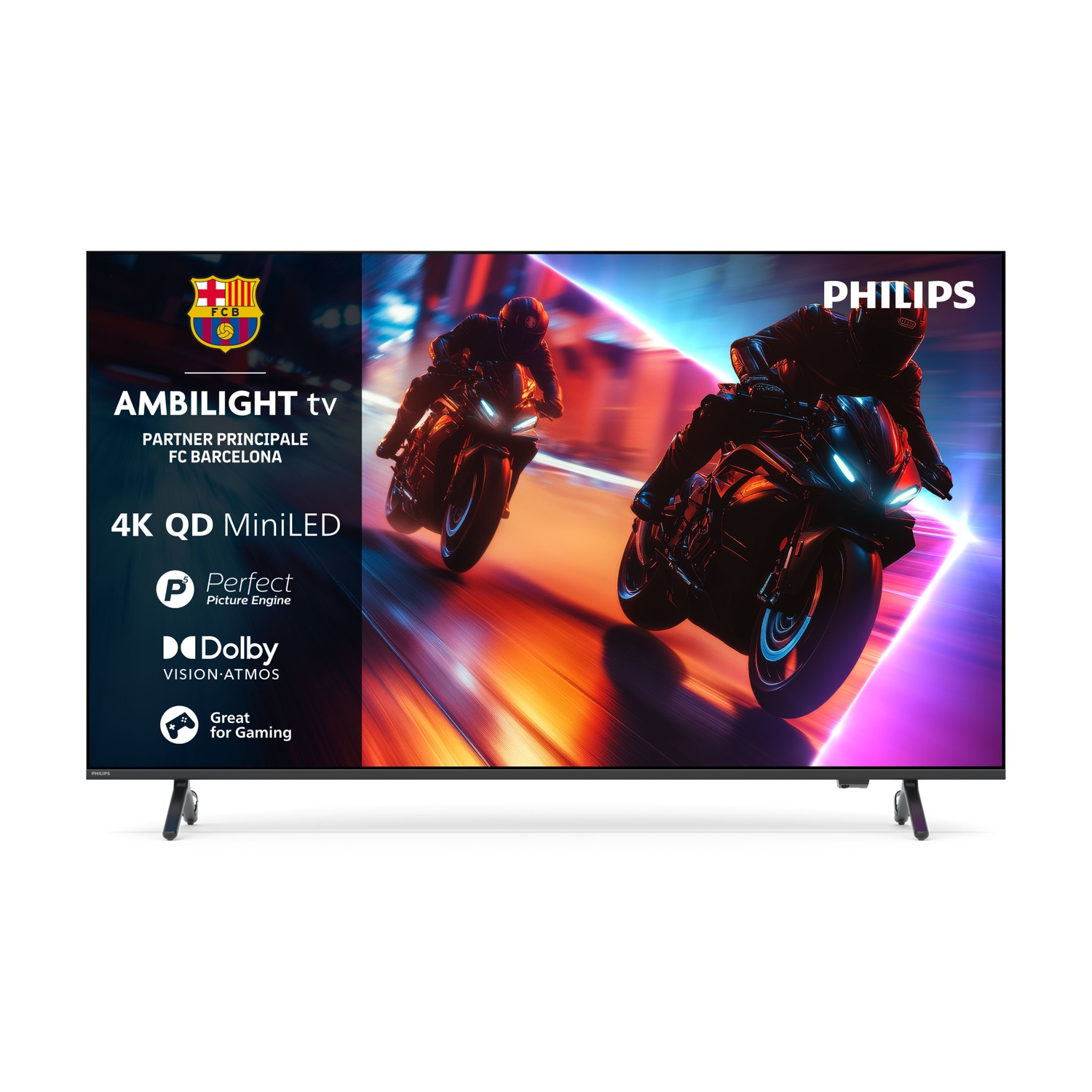 Il TV Philips mostra due motociclisti in gara. Include Ambilight, 4K QD MiniLED, Dolby ed è ottimo per il gioco.