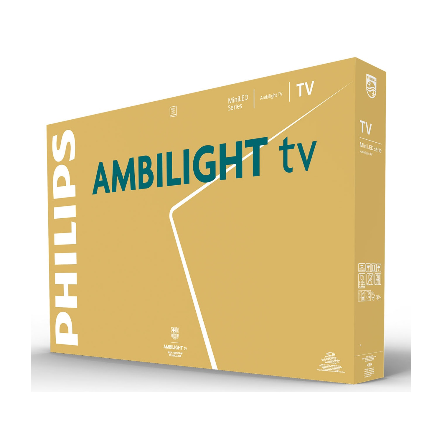 Una scatola dorata con la scritta 'PHILIPS AMBILIGHT tv' stampata sopra. C'è anche 'MiniLED Series' e un logo dell'FC Barcelona.