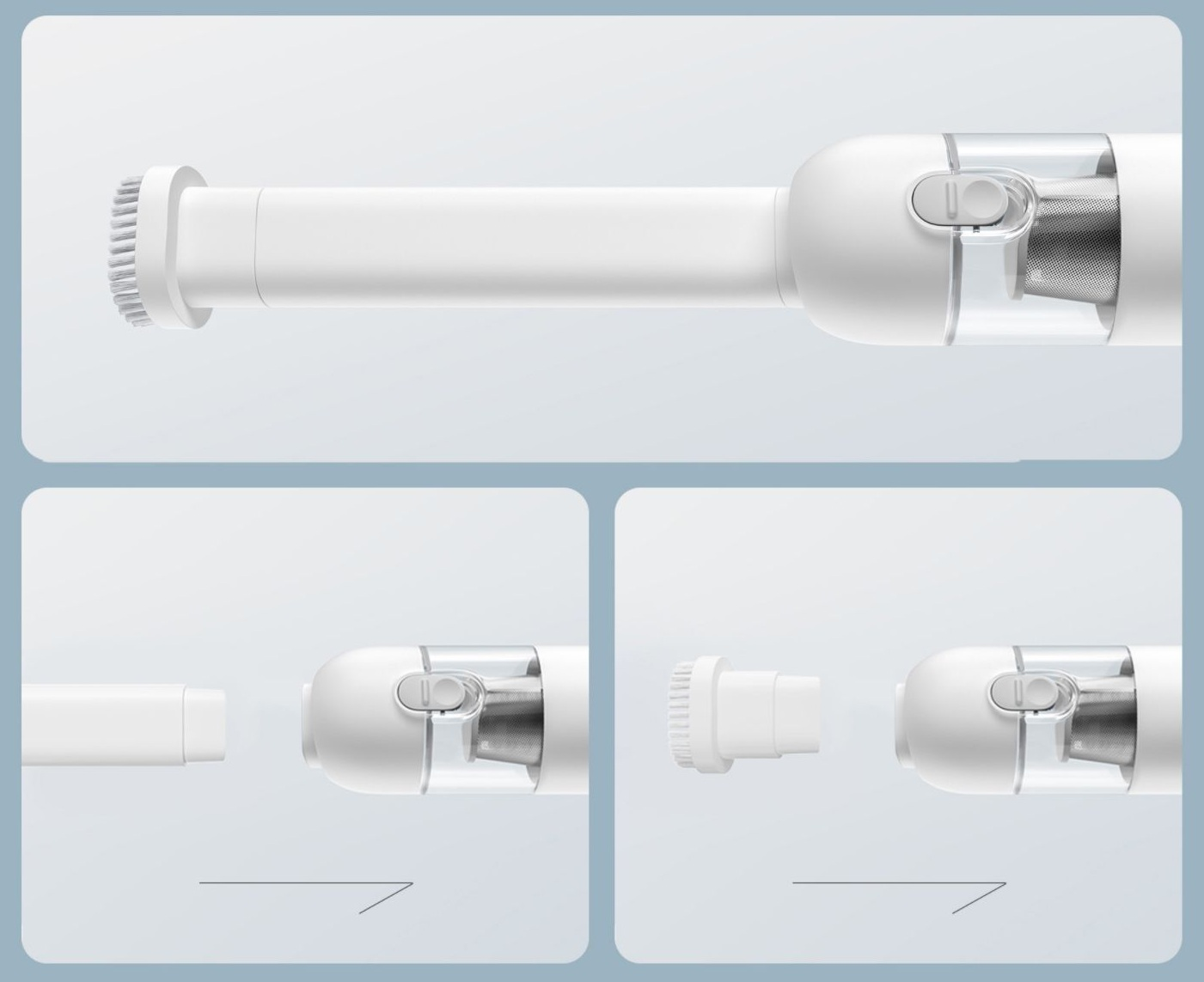 Biały odkurzacz ręczny. Widok z góry pokazuje zmontowany odkurzacz. Poniżej dwa widoki pokazują montowane części.