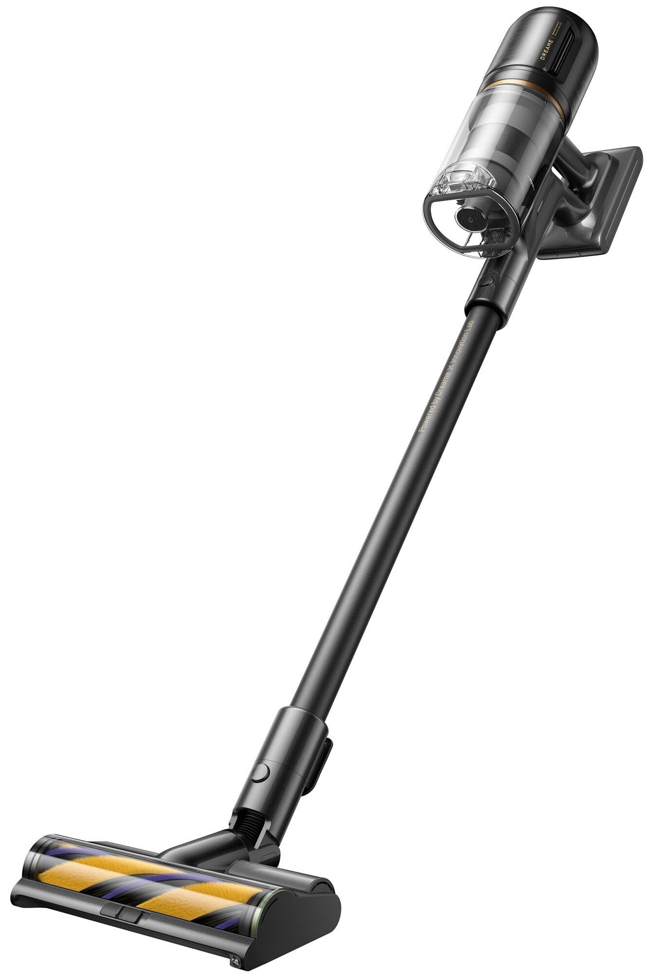 Odkurzacz bezprzewodowy. Jest czarny i srebrny. Głowica ma żółte i fioletowe szczotki. Tło jest białe.