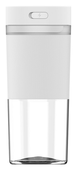 Biały przenośny blender z przezroczystą podstawą. Ma białą górę z przyciskiem, żebrowaną białą środkową część i przezroczyste dno.