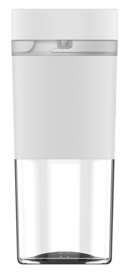 Biała butelka do blendera z przezroczystą podstawą. Ma białą pokrywę i żebrowany biały korpus.