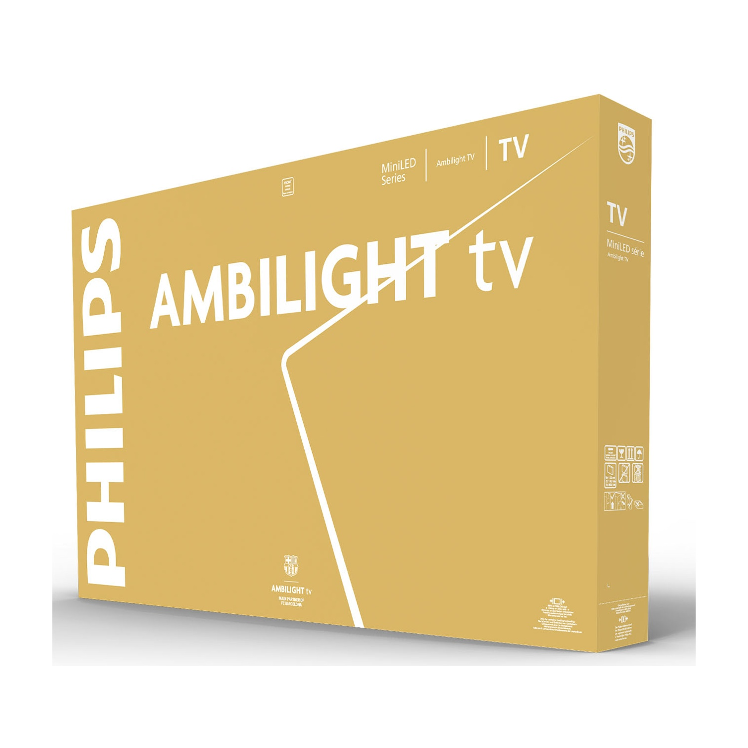 Una scatola TV Philips Ambilight dorata. Il testo include 'MiniLED', 'Ambilight tv' e il logo Philips. Un design a linee bianche è sulla scatola.