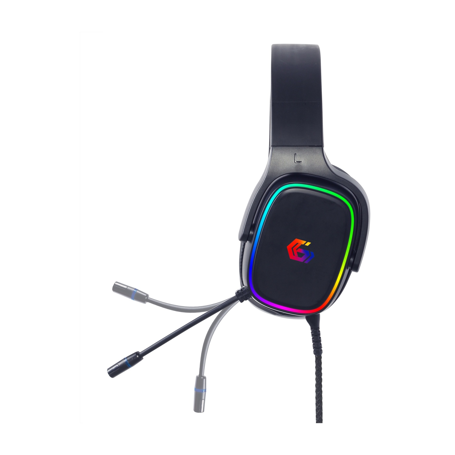 Cuffie da gioco nere con illuminazione RGB. Il microfono è esteso. Lo sfondo è bianco.