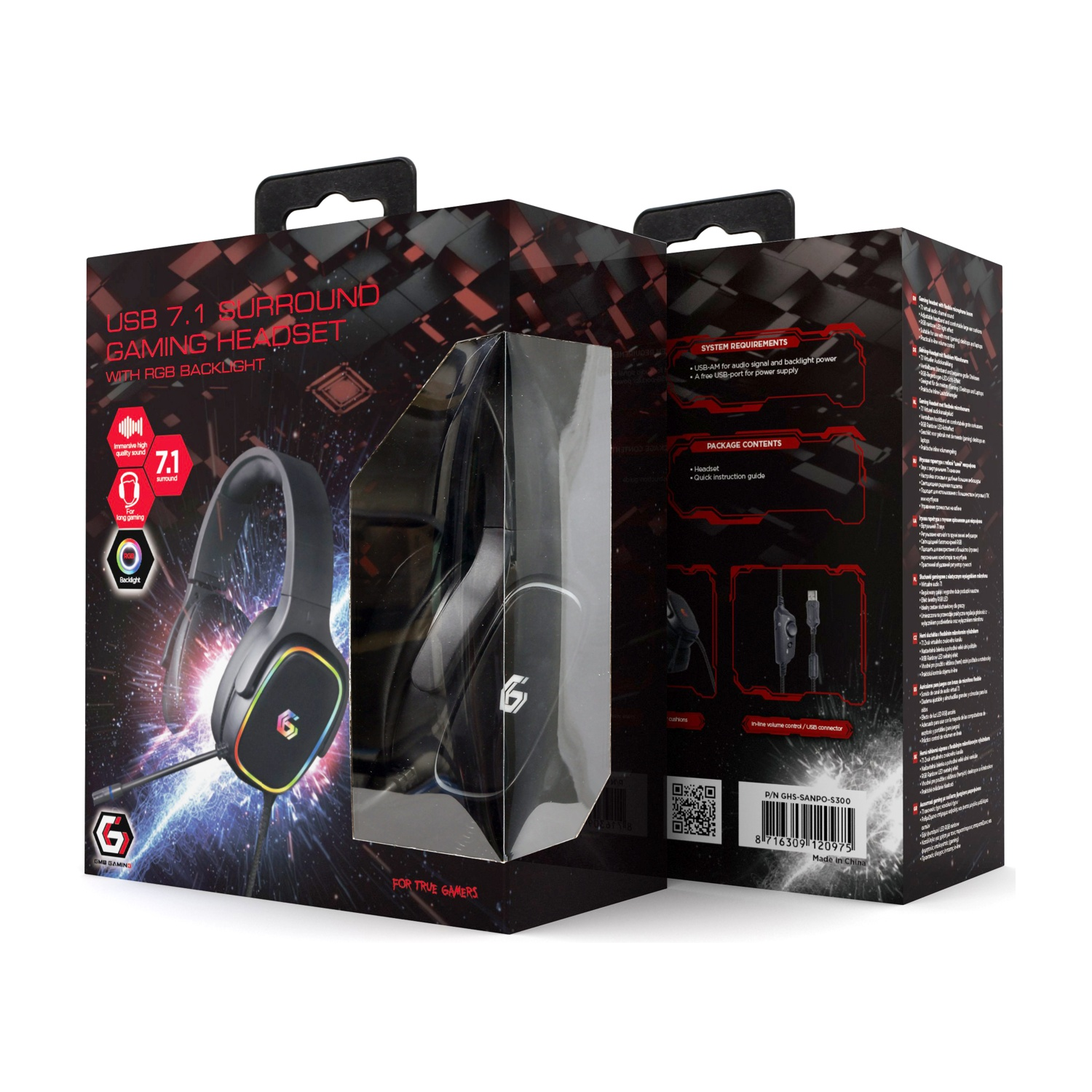 Cuffie da gaming USB 7.1 surround con retroilluminazione RGB. Cuffie nere visibili attraverso la scatola.
